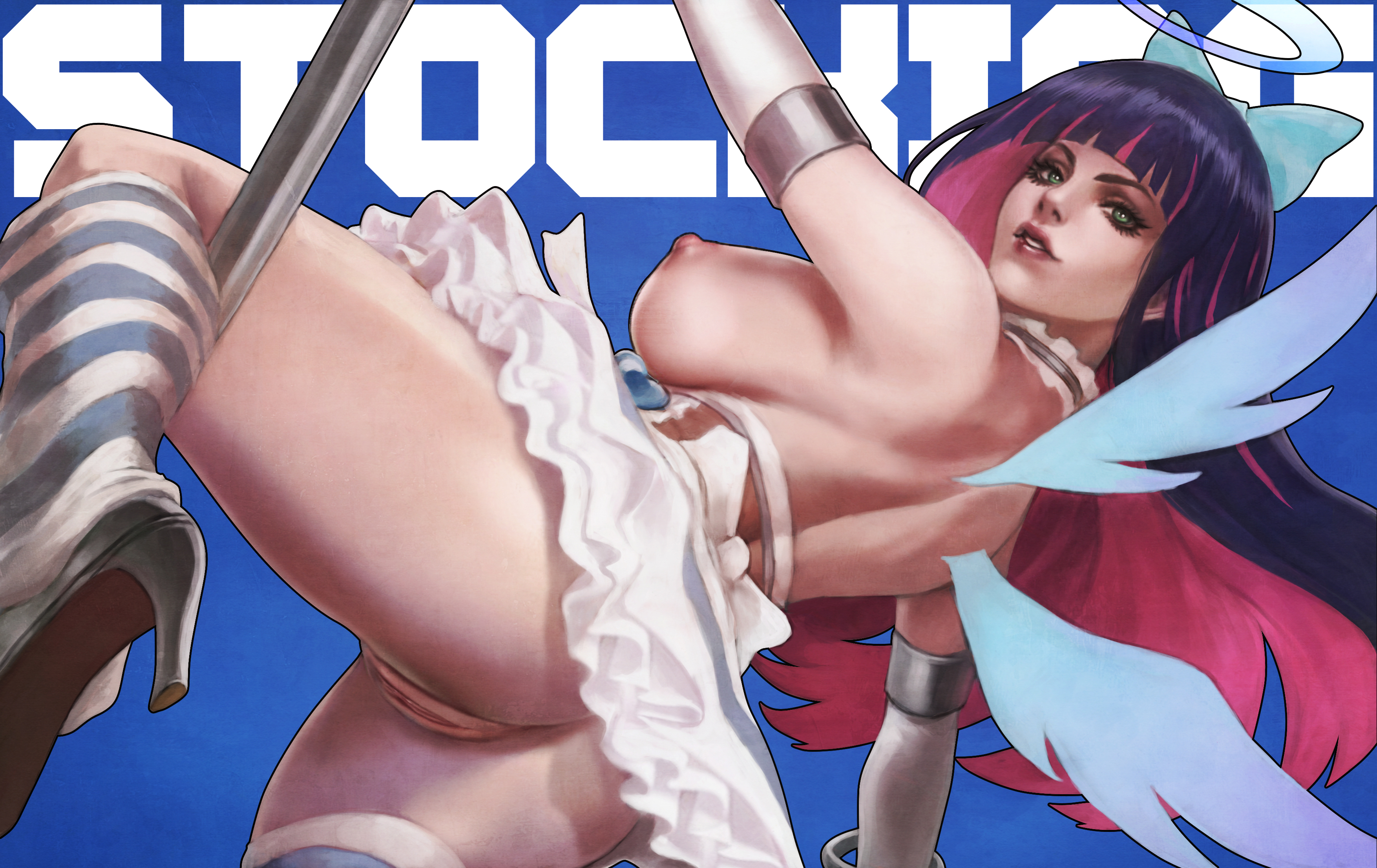 bottomless, breasts, female, high heels, long hair, makeup, monorirogue, nipples, panty & stocking with garterbelt, solo, stocking anarchy, striped legwear, two-tone hair