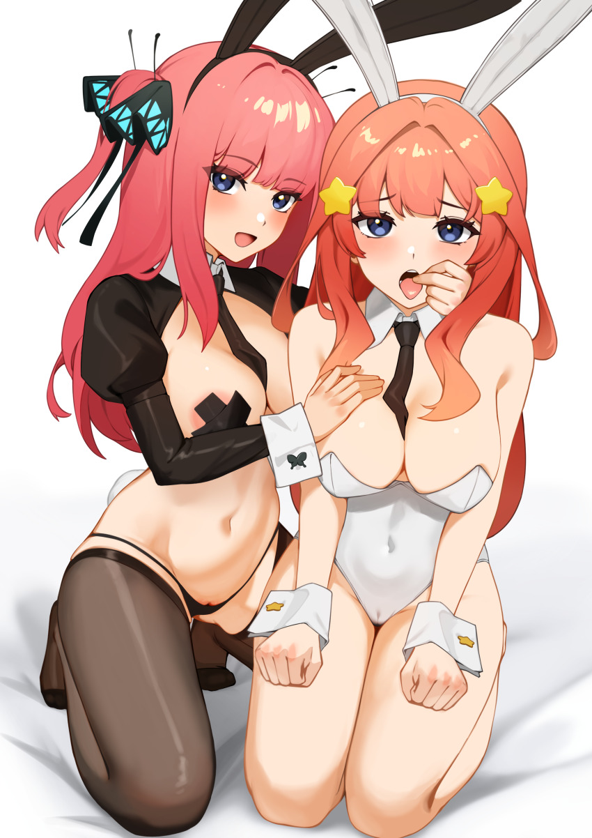 2girls :d :o black_legwear black_panties black_stripes blue_eyes blush bunny_ears bunny_girl bunny_tail cleavage cross_pasties ett female fingering fingers fingers_in_mouth go-toubun_no_hanayome kneeling long_hair looking_at_viewer medium_breasts medium_hair multiple_girls nakano_itsuki nakano_nino oral pasties penetration pink_hair playboy_bunny pussy red_hair reverse_bunnysuit spread_legs squatting star_(symbol) thick_thighs thighhighs thighs toes tongue uncensored underwear white_wrist_cuffs wide_hips wrist_cuffs