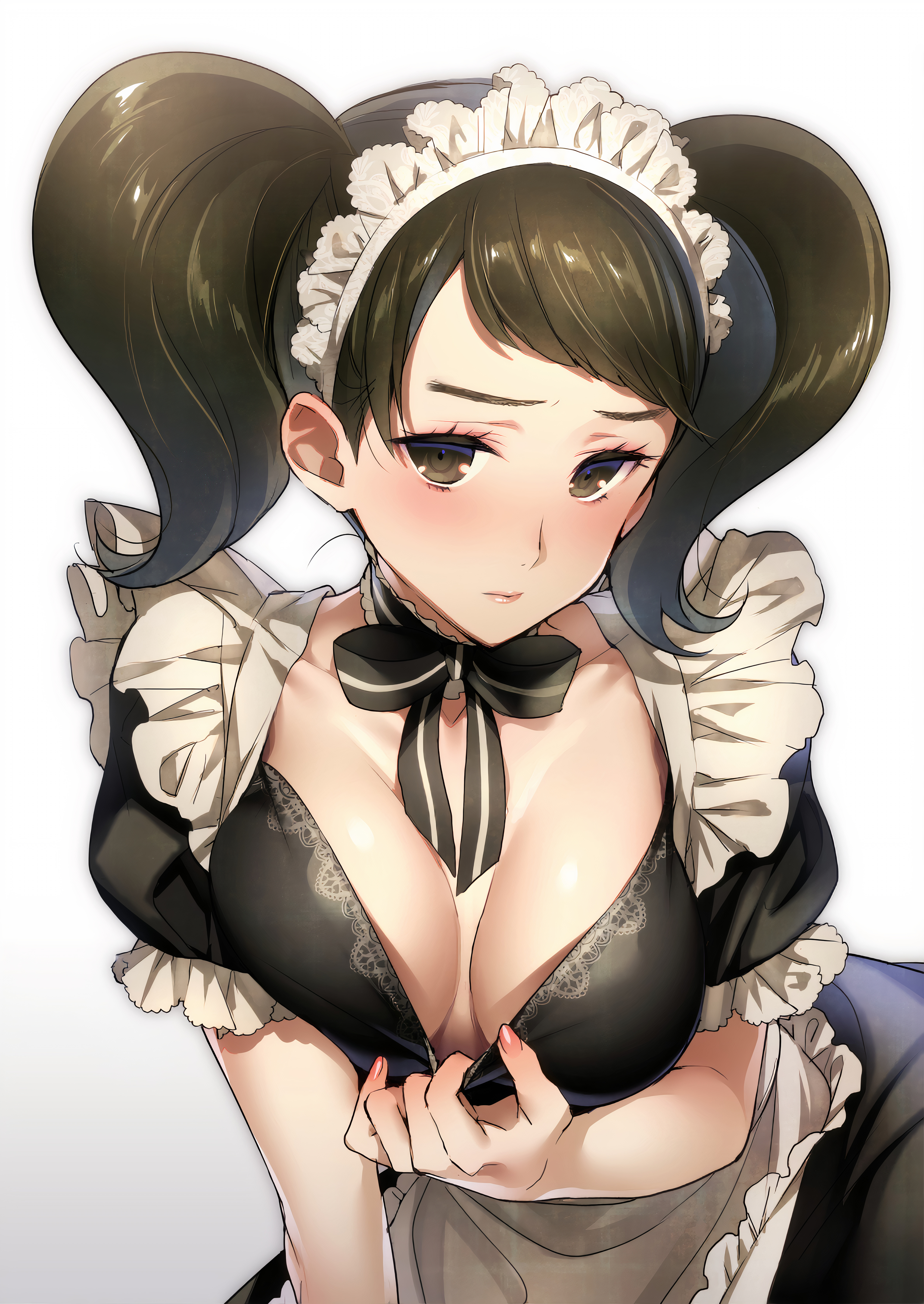 1girls, apron, becky (persona), black hair, blush, breasts, brown eyes, choker, cleavage, cleavage pull, clothes lift, clothes pull, female, frills, gradient, gradient background, high resolution, highres, hizuki akira, long hair, looking at viewer, maid, maid apron, maid headdress, persona, persona 5, sadayo kawakami, shirt lift, shirt pull, solo, tease, teasing, twintails