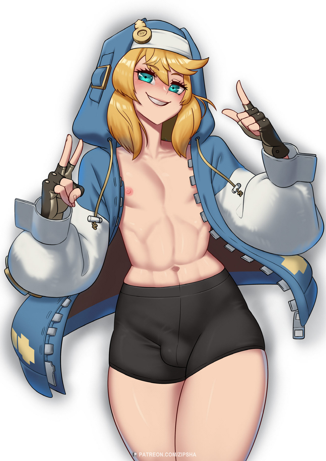 1boy, androgynous, balls, blonde hair, blue eyes, bridget, bulge, clothed, clothing, erection, erection under clothes, femboy, fully clothed, guilty gear, guilty gear strive, human, light skin, male, male only, penis, shorts, solo, standing, zipsha