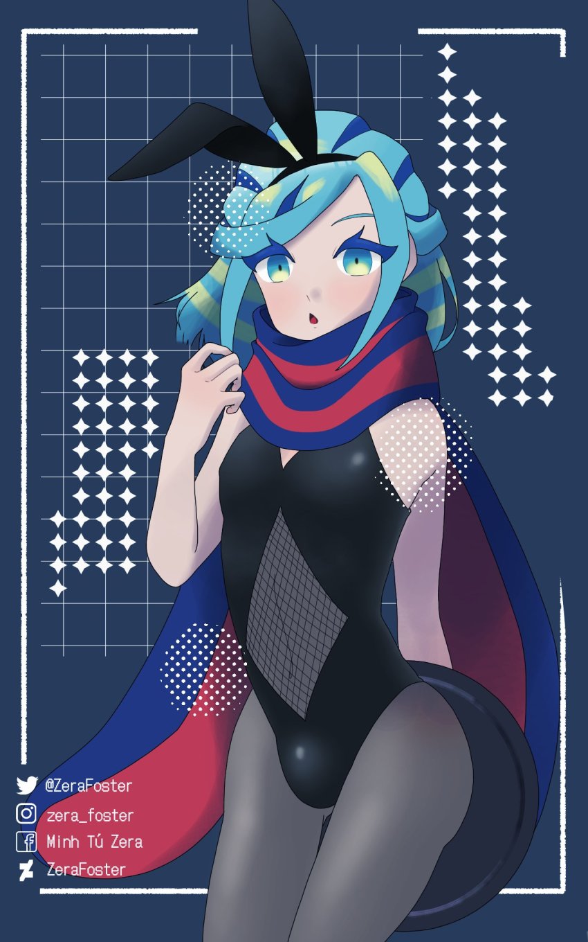 1boy, 1femboy, blue eyes, blue hair, bulge, bunny ears, bunnysuit, femboy, feminine male, grusha (pokemon), maid, male, male only, pantyhose, pokemon, pokemon sv, solo, solo male