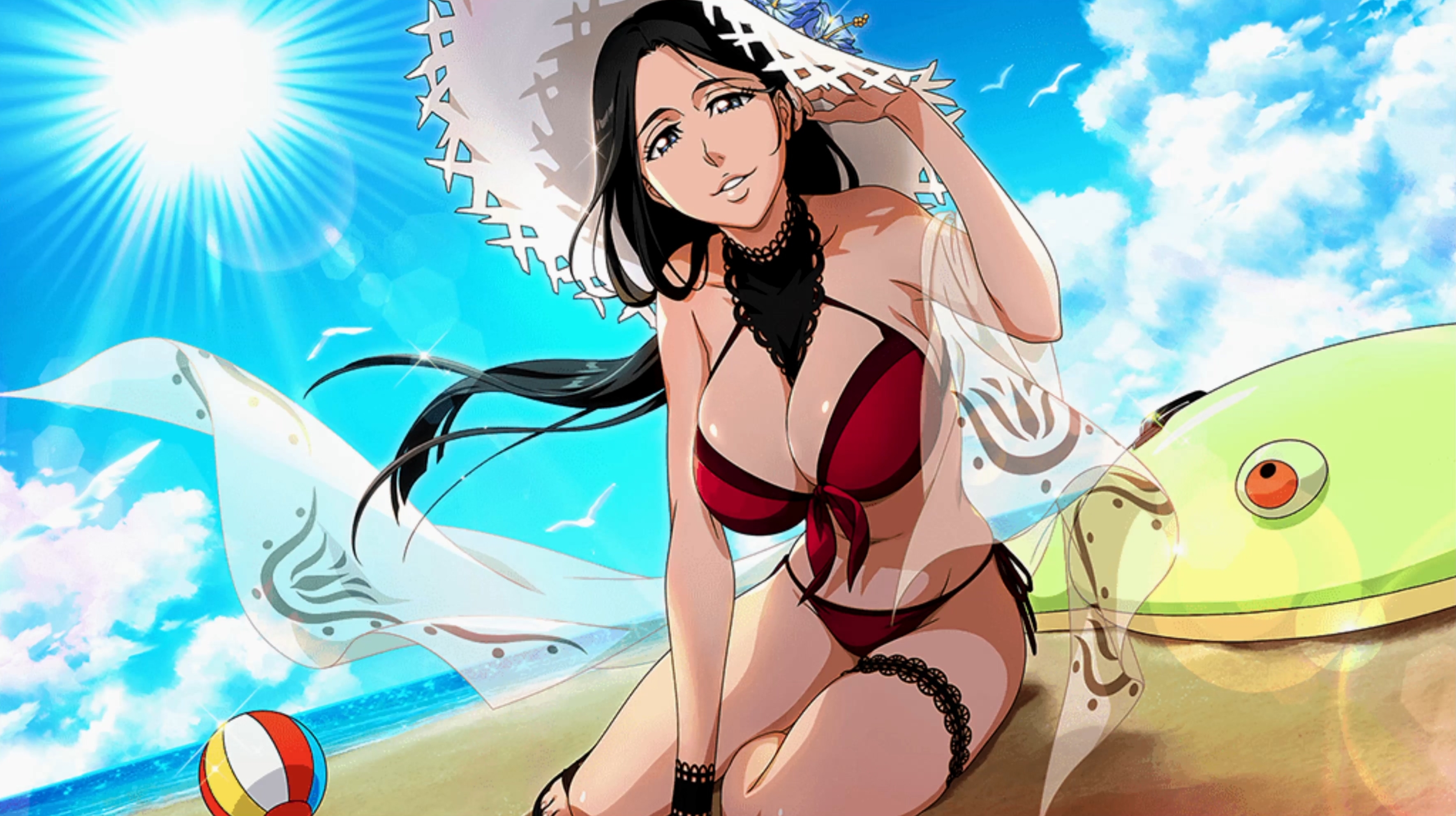beach, beach ball, bleach, bleach brave souls, breasts, female, looking at viewer, official art, tagme, unohana retsu