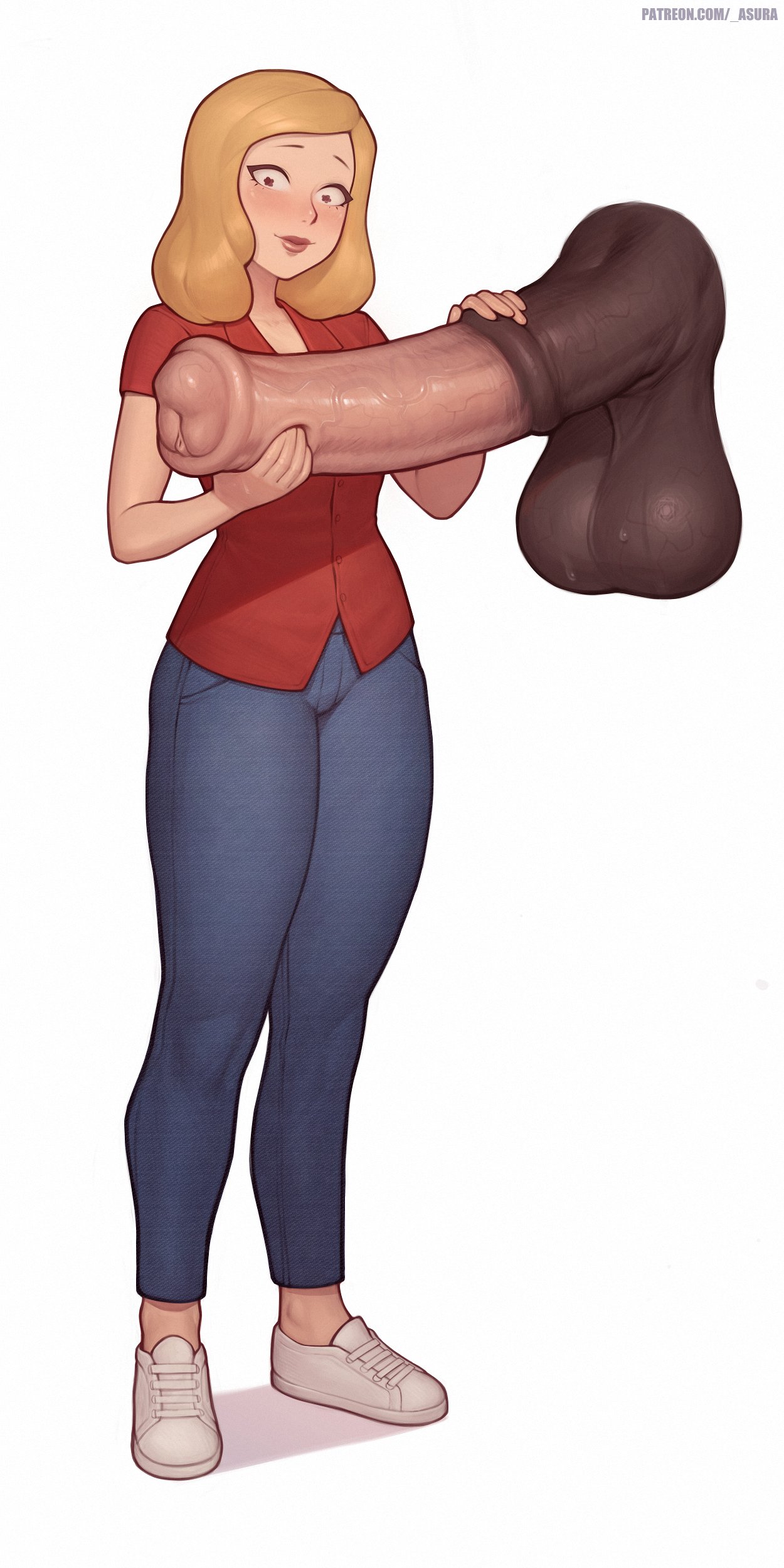 1animal, 1girls, asura (artist), balls, beth smith, big penis, blonde hair, dick, female, horse, horse penis, horsecock, huge cock, male, penis, rick and morty, short hair, standing, testicles, zoophilia