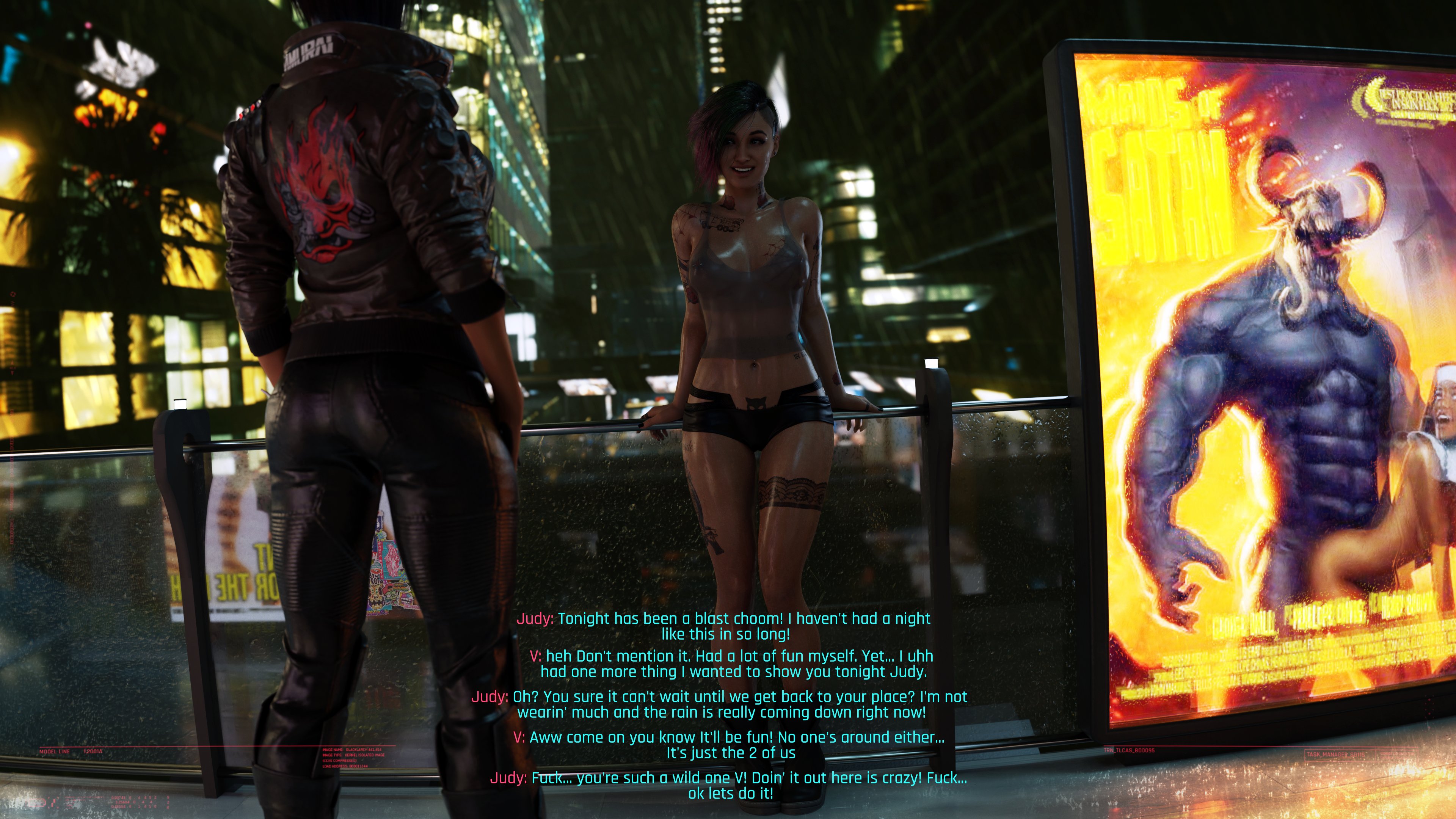 1futa, 1girls, 3d, 4k, absurdres, blender, clothed, clothed female, clothed futa, clothing, cyberpunk 2077, dinoboy555, english, english text, female, futanari, highres, human, imminent sex, intersex, judy alvarez, public, text, v (cyberpunk 2077), valerie (cyberpunk 2077)
