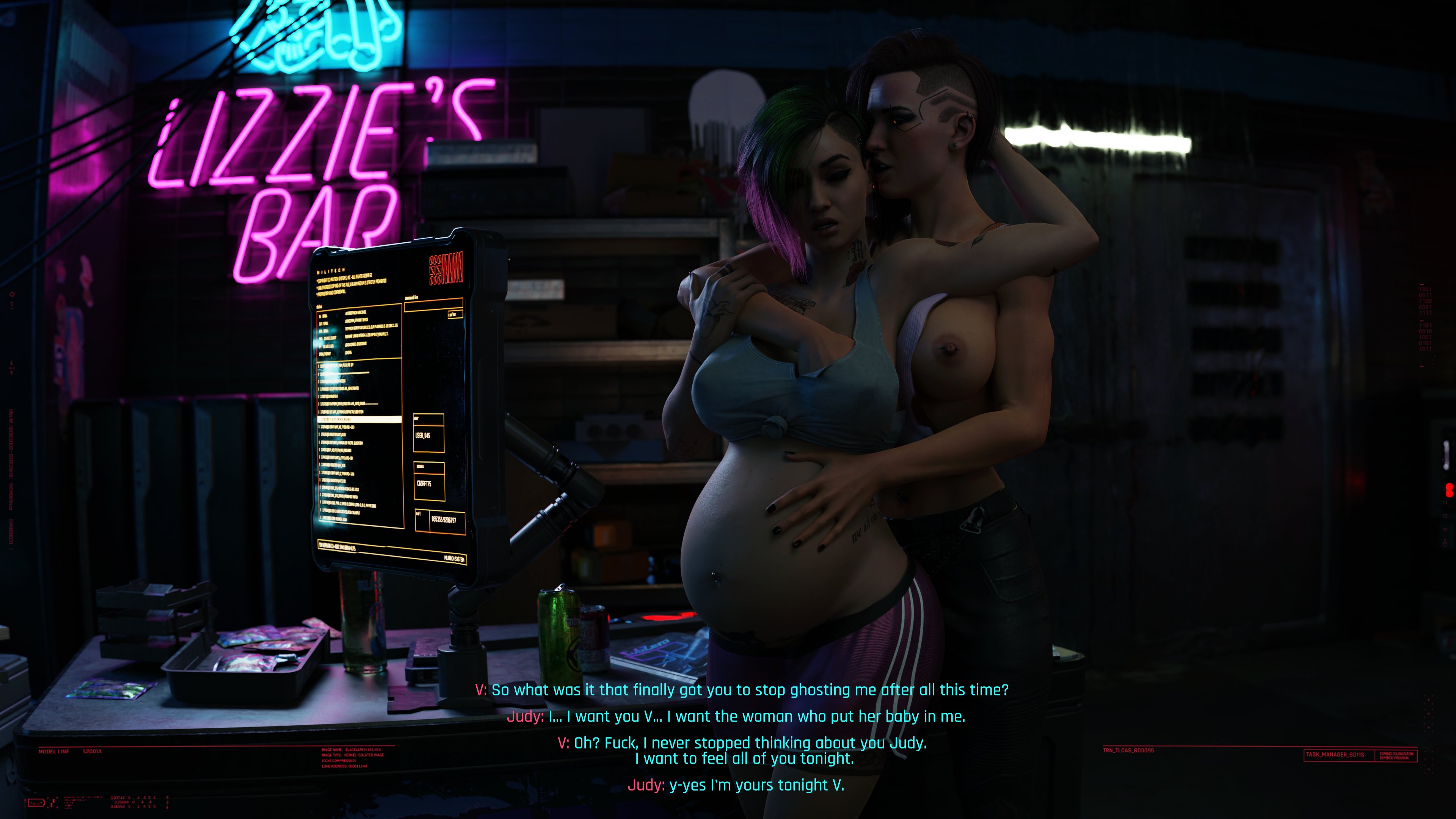 1futa, 1girls, 3d, 4k, absurdres, areolae, blender, breasts, cyberpunk 2077, dinoboy555, english, english text, female, from behind, futa on female, futa wife, futanari, hand on belly, hand on stomach, highres, intersex, judy alvarez, nipples, pregnant, ready to pop, text, v (cyberpunk 2077), valerie (cyberpunk 2077)