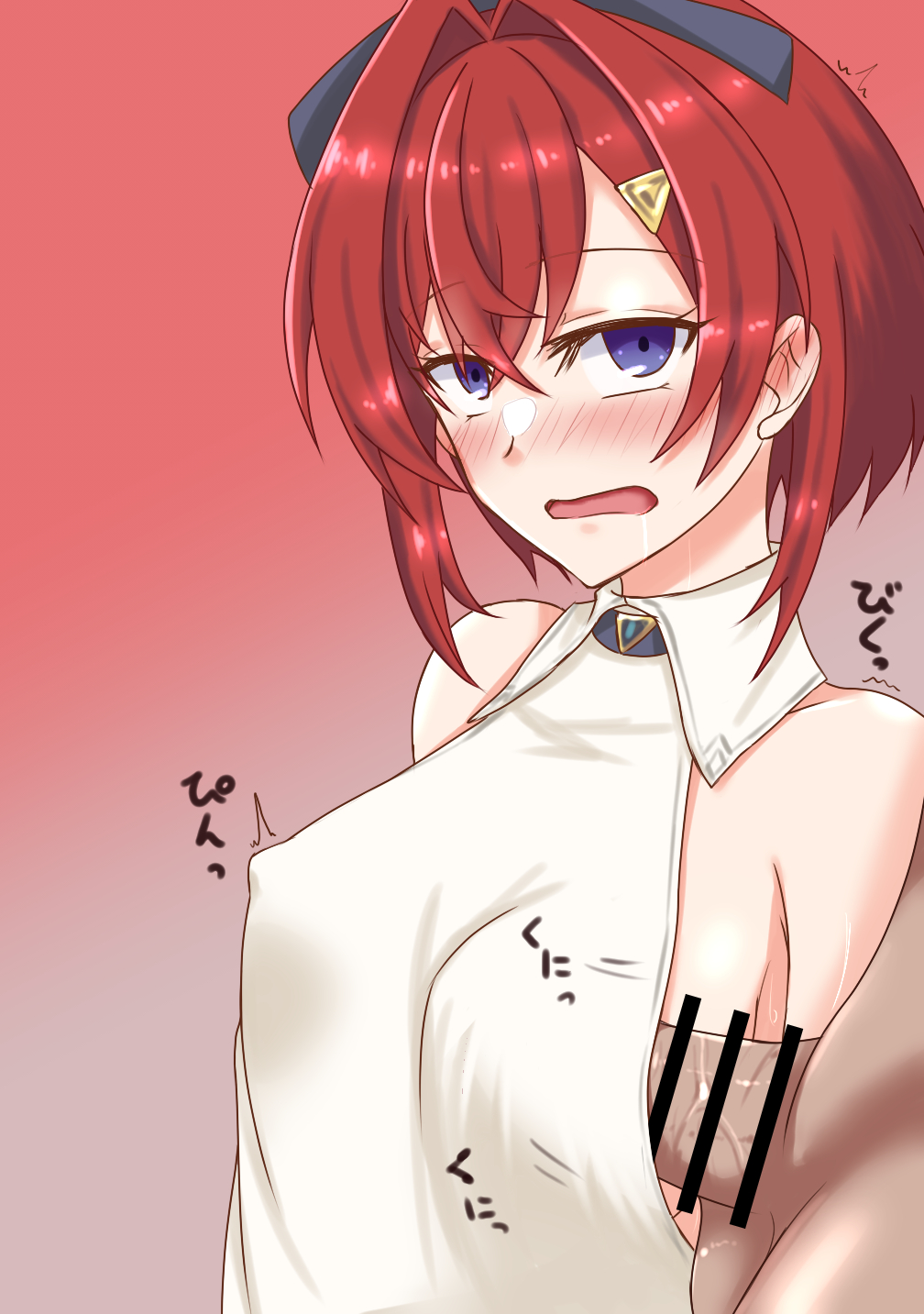 ange_katrina blue_eyes blush breasts erect_nipples hair_ornament nijisanji nipple_bulge nipples penis_on_breast penis_rubbing penis_rubbing_breast penis_under_another's_clothes penis_under_clothes red_hair short_hair sideboob sideboob_paizuri small_penis virtual_youtuber