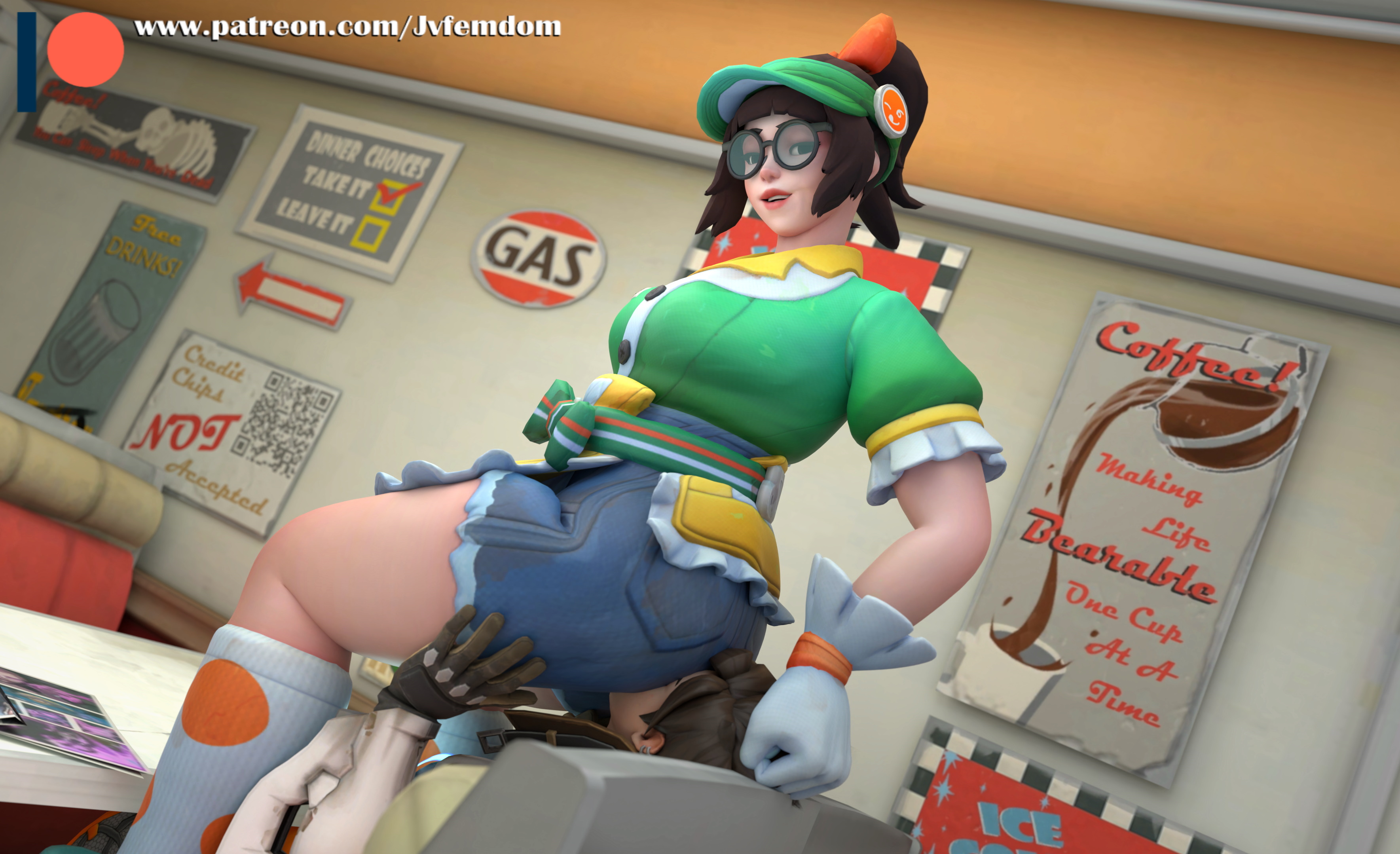 2girls, 3d, 3d (artwork), absurd res, asphyxiation, ass, beaten, blender, breath play, brown eyes, brown hair, catfight, chubby, chubby female, degradation, dominant, dominant female, domination, dominatrix, face in ass, facesitting, female, female domination, femdom, fight, glasses, gloves, hair grab, hair pull, hair pulling, hands on thighs, helpless, highres, honeydew mei, humiliated, humiliation, jean shorts, jvfemdom, knee socks, kneehighs, kneesocks, legs, lezdom, looking at another, looking back, looking down, looking pleasured, mei (overwatch), overwatch, pinned, pinned down, ponytail, restaurant, sadism, sadistic, sitting, sitting down, sitting on face, sitting on person, smile, smiling, smirk, smirking, smothering, smothering ass, stinkface, suffocation, thick ass, thick thighs, thighs, tracer, trapped, uniform, waitress, waitress uniform, white gloves, white socks, wrestling, wrestlingryona, yuri