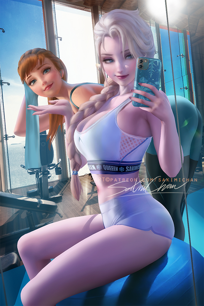 2022, 2girls, anna (frozen), ass, big breasts, blonde hair, blue eyes, booty shorts, braided hair, breasts, brown hair, cleavage, clothing, disney, elsa (frozen), female, female only, frozen (film), hips, holding object, large ass, large breasts, light skin, light-skinned female, long hair, multiple females, multiple girls, naughty face, phone, ponytail, realistic, sakimichan, selfie, short shorts, shorts, sisters, slim waist, smile, sports bra, sportswear, suggestive look, thick thighs, thighs, watermark, wide hips