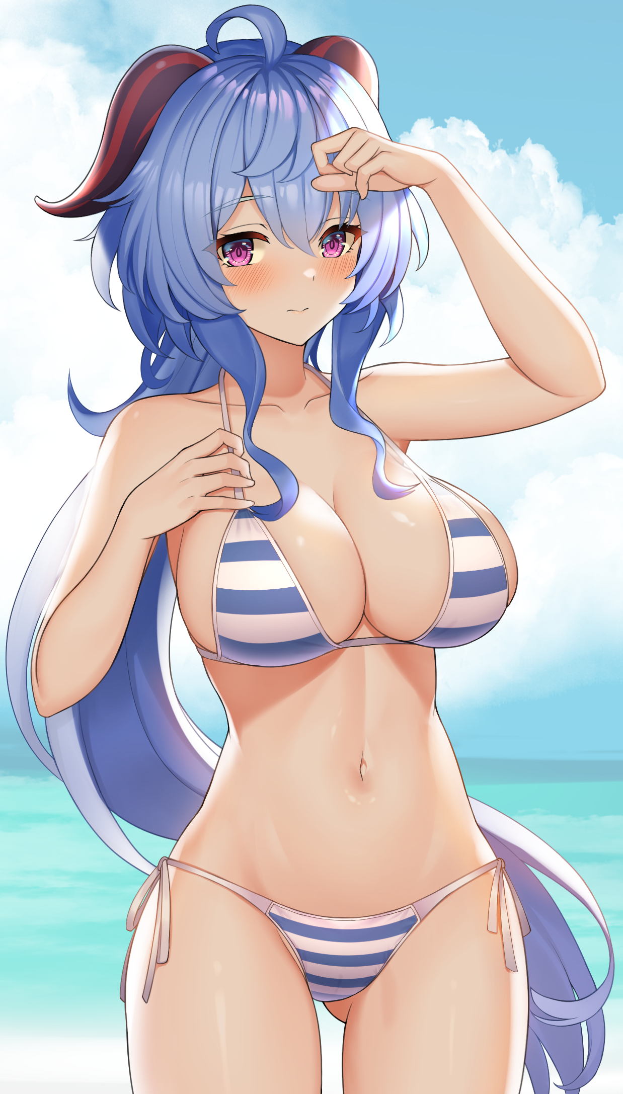 1girls, ahoge, bikini, blue hair, blush, breasts, cleavage, day, female, ganyu (genshin impact), genshin impact, goat horns, highres, horn, huge breasts, komainu (yamaha1997), long hair, looking at viewer, navel, purple hair, solo, standing, swimsuit, thighhighs, thighs