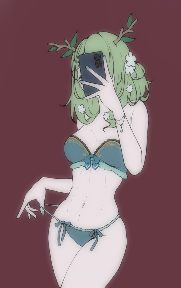 armwear, background, beauty mark, bikini, bikini bottom, bikini top, bra, bracelet, ceres fauna, face covered, female, female only, flower, flowers in hair, front view, green hair, holding object, holding phone, hololive, hololive english, hololive english -council-, hololive english -promise-, horns, humanoid, light skin, light-skinned female, midriff, mole, nail polish, panties, panty pull, phone, pulling bikini string, pulling panties, red background, selfie, simple background, standing, taking picture, underwear, virtual youtuber, wallpaper, white body