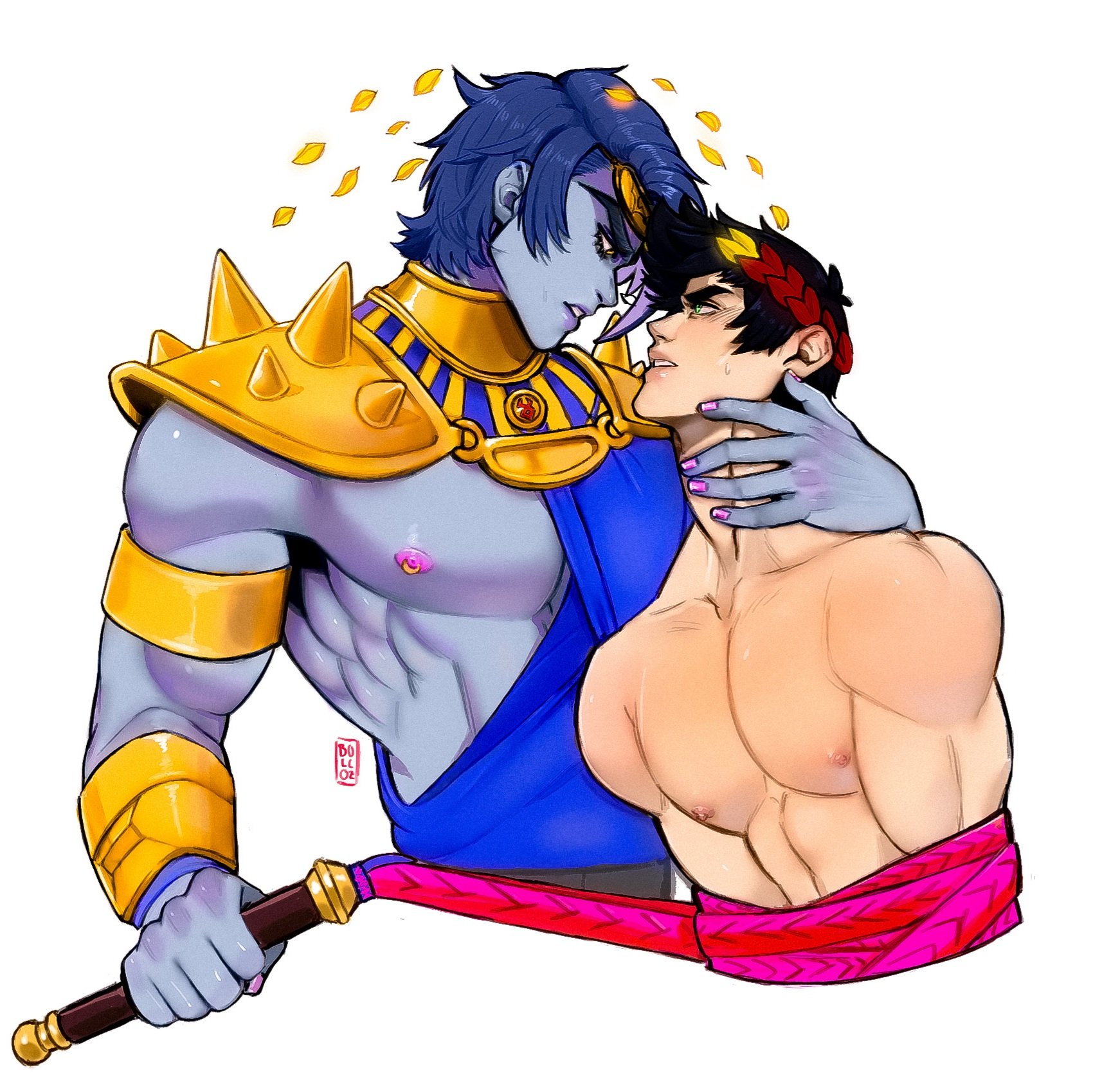 bare chest, bolloxxxz, bondage, bound, canon couple, eye contact, gay, genderswap, genderswap (ftm), greek mythology, hades (game), laurel crown, male, male only, male with painted nails, megaera (hades), muscles, muscular, muscular male, pierced nipple, restrained, rule 63, tied up, yaoi, zagreus