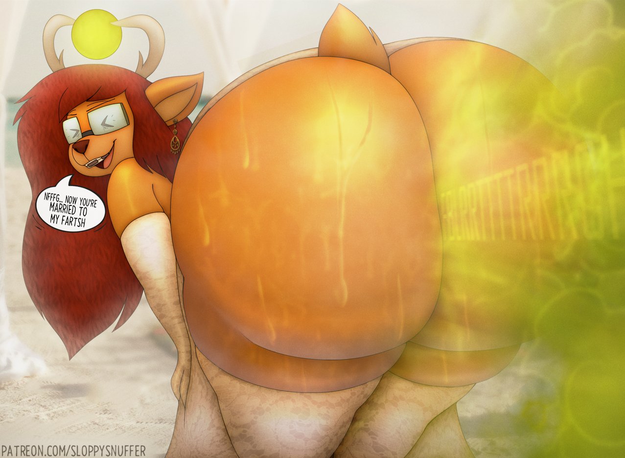 anthro, antlers, ass, big butt, bodily fluids, braces, closed eyes smile, clothing, deer, deer girl, dialogue, dress, ear piercing, ear ring, english text, eyewear, fart, fart fetish, farting, farting at viewer, female, female farting, glasses, green fart, green fart cloud, horn, huge butt, hyper, hyper butt, kiss my ass, mammal, nonhuman, onomatopoeia, piercing, presenting, presenting hindquarters, rear view, ring piercing, sloppysnuffer, solo, sweat, sweaty butt, text, thick thighs, wedding, wedding dress