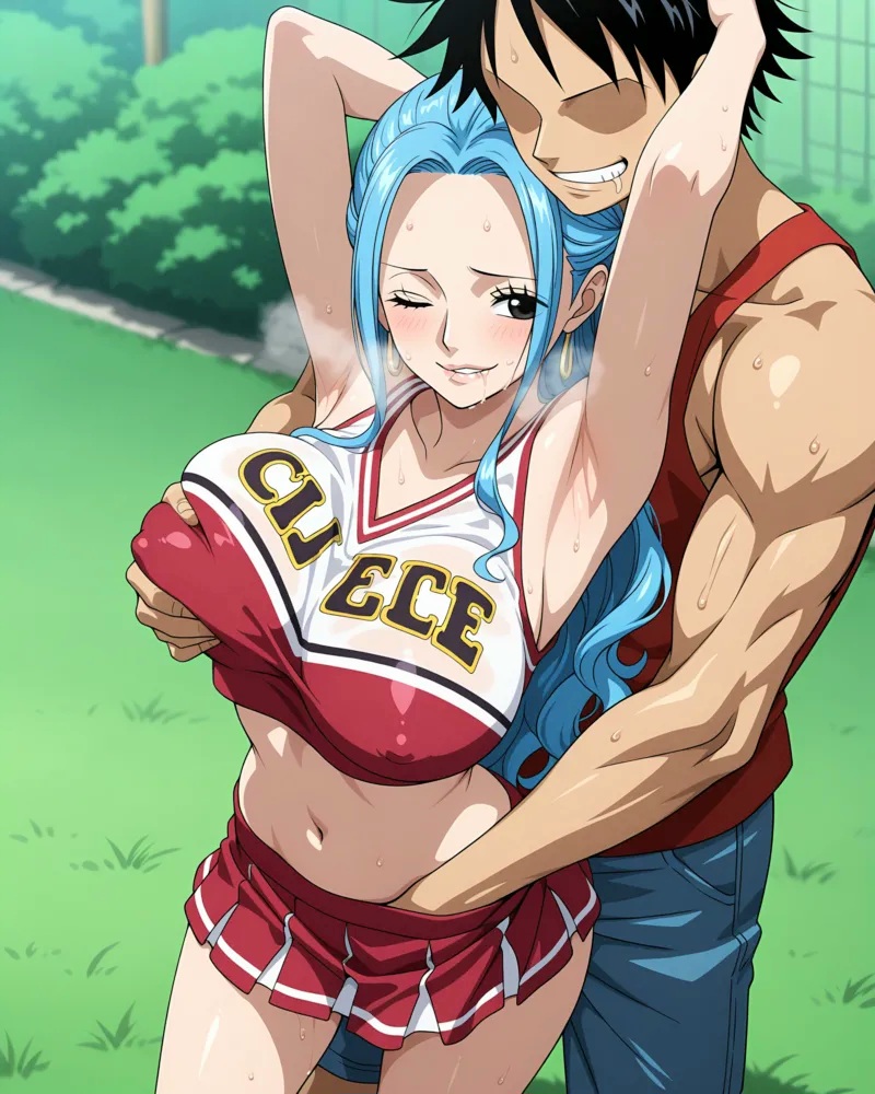 1boy, 1girls, ai generated, big breasts, black hair, black-haired male, blue hair, blue-haired female, blush, breasts, busty, cheerleader, cheerleader uniform, curvy, curvy body, curvy female, curvy figure, earrings, female, from behind, grabbing, grabbing from behind, long hair, male, male/female, miniskirt, monkey d luffy, muscular, muscular male, nefertari vivi, one piece, rubbing, rubbing pussy, short hair, smile, thick thighs, wide hips