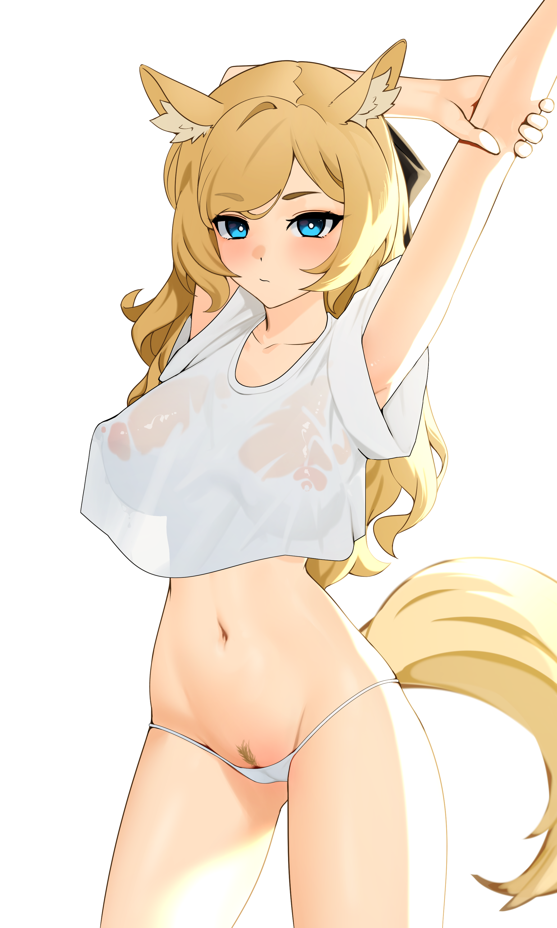 1girls, animal ears, arknights, belly, big breasts, blonde hair, blue eyes, blush, breasts, emotionless, ett, female, female only, female pubic hair, hair down, hairy pussy, hand behind head, hand up, highres, light skin, light-skinned female, long hair, looking at viewer, lowleg panties, navel, nipples, nipples visible through clothing, no bra, panties, pubic hair, pussy, pussy visible through clothes, see-through, see-through clothing, see-through panties, solo, standing, stomach, stretching, t-shirt, tail, thighs, transparent clothing, whislash (arknights), white background, white panties