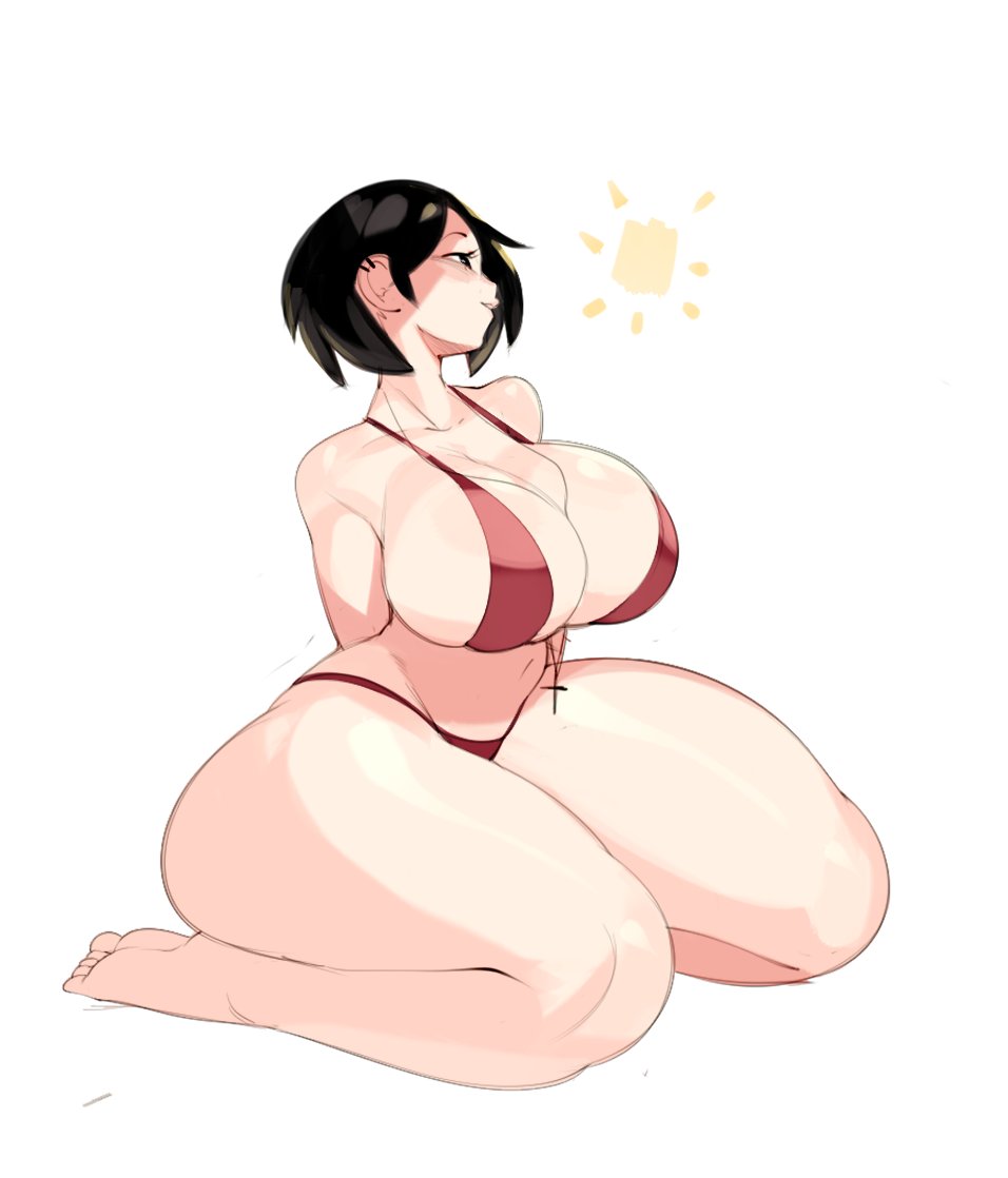 1girls, 2022, big breasts, bikini, black hair, breasts, bulumble-bee, curvaceous, curvy, ear piercing, female, female focus, huge breasts, huge thighs, mizuki (bulumble-bee), necklace, piercing, short hair, simple background, solo, solo female, swimsuit, thick thighs, thighs, voluptuous, white background