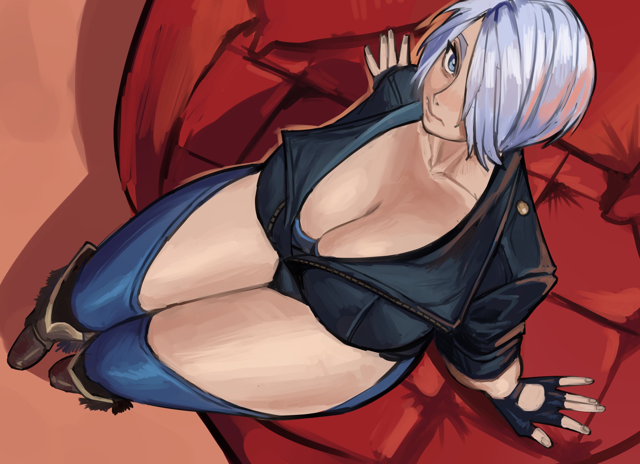 1girls, angel (kof), bed, blue eyes, boots, chaps, cleavage, collarbone, dairenke art, hair over one eye, high angle, king of fighters, large breasts, leather jacket, looking at viewer, looking up, sitting, sitting on bed, snk, solo, thick thighs, white hair