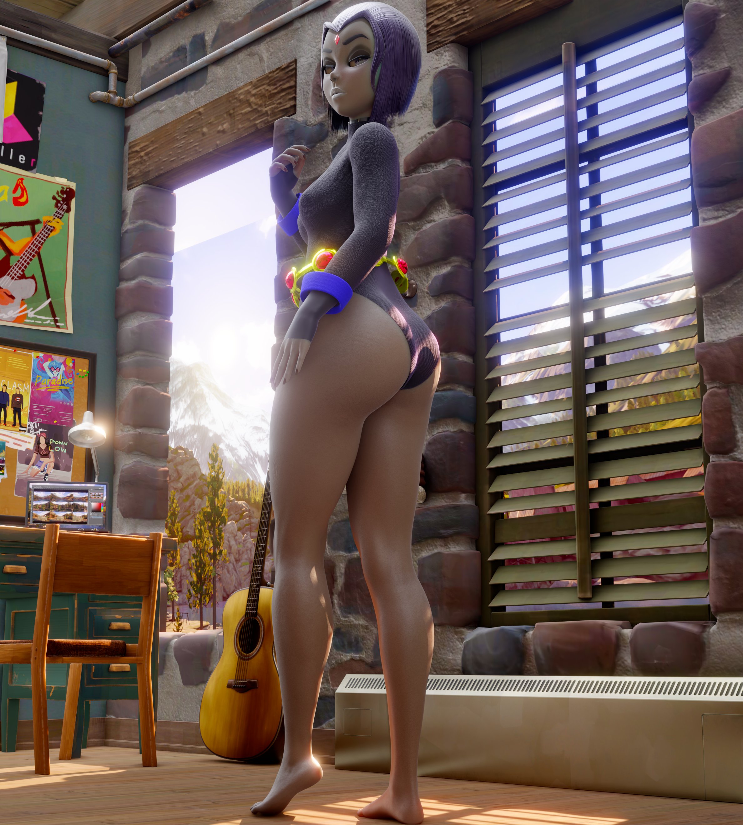 1girls, 3d, ass, athletic, big ass, big breasts, big butt, breasts, dc, dc comics, facing away, facing viewer, female, female only, female protagonist, grey skin, indoors, large ass, memphoo, purple hair, rachel roth, raven (dc), rear view, solo, superheroine, teen titans, teenager, thick thighs