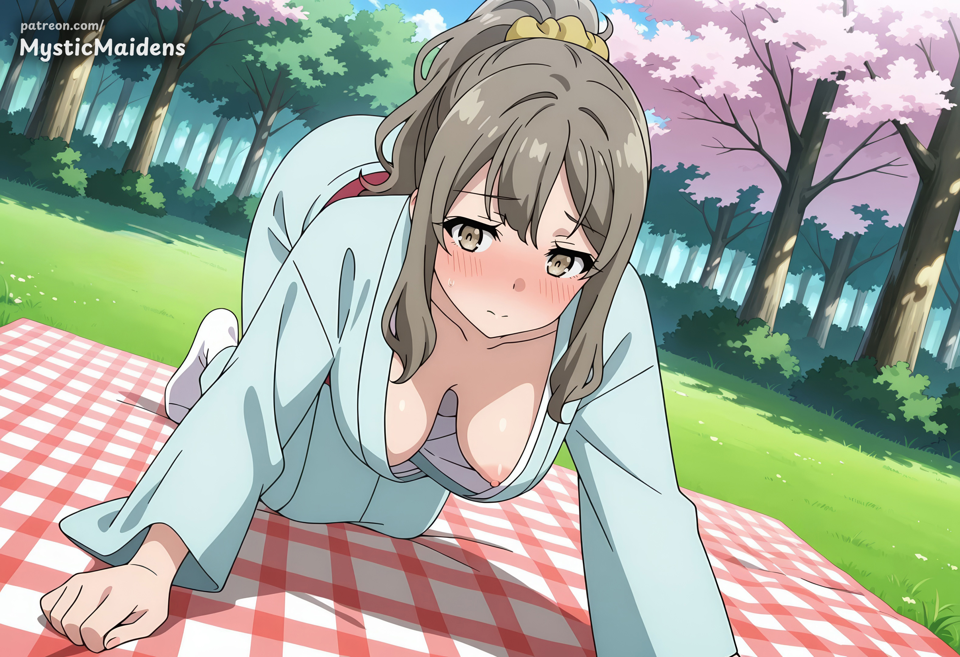 ai generated, all fours, anime, anime style, areola slip, artist name, blanket, blush, breasts, breasts apart, brown eyes, brown hair, cherry blossoms, closed mouth, collarbone, day, downblouse, female, futaba rio, grass, hair ornament, hair scrunchie, hanging breasts, hentai, hi res, japanese clothes, kimono, large breasts, looking at viewer, medium breasts, mystic maidens, nipples, no bra, outdoors, patreon, ponytail, scrunchie, seishun buta yarou wa bunny girl senpai no yume wo minai, sidelocks, socks, solo, tree, white socks