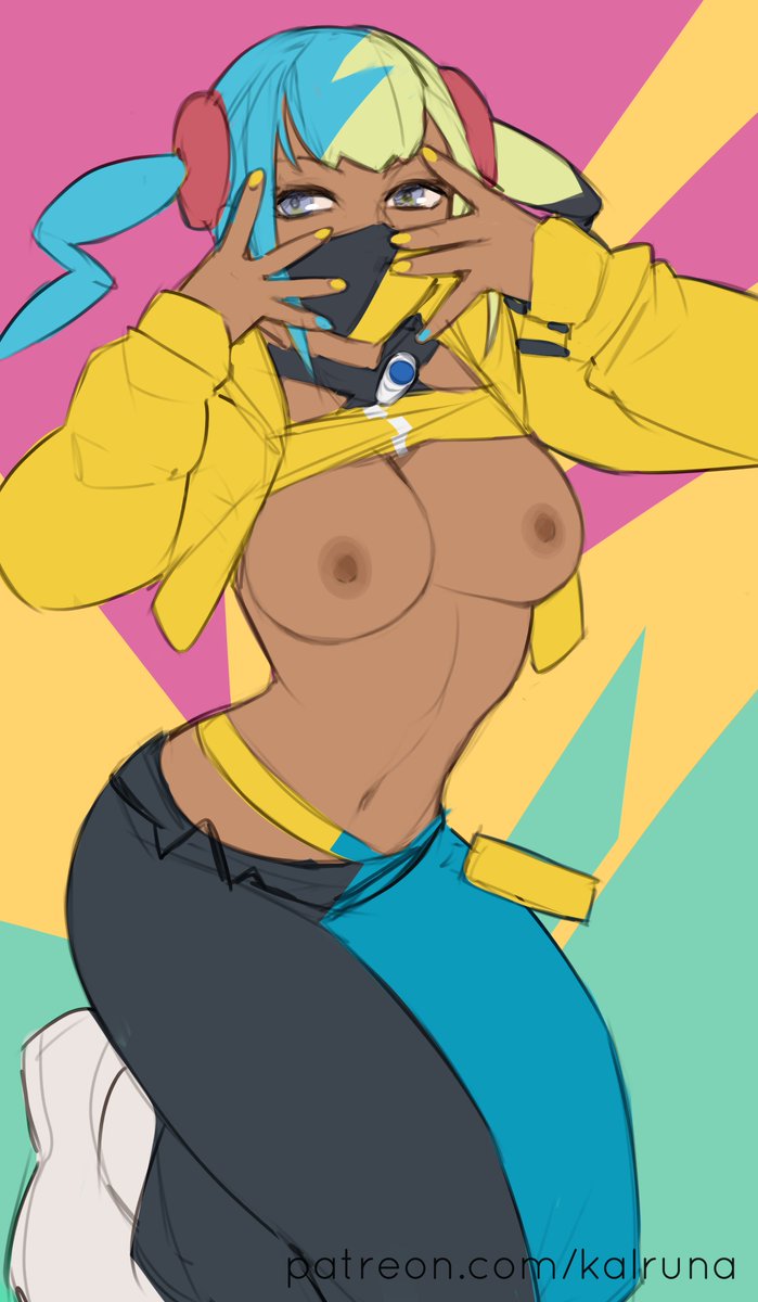 1girls, blue nails, breasts, brown skin, brown-skinned female, canari (pokemon), canary (pokemon), face mask, female, female only, kalruna, nail polish, pokemon, pokemon legends: z-a, shirt lift, solo, two-tone hair, yellow nails