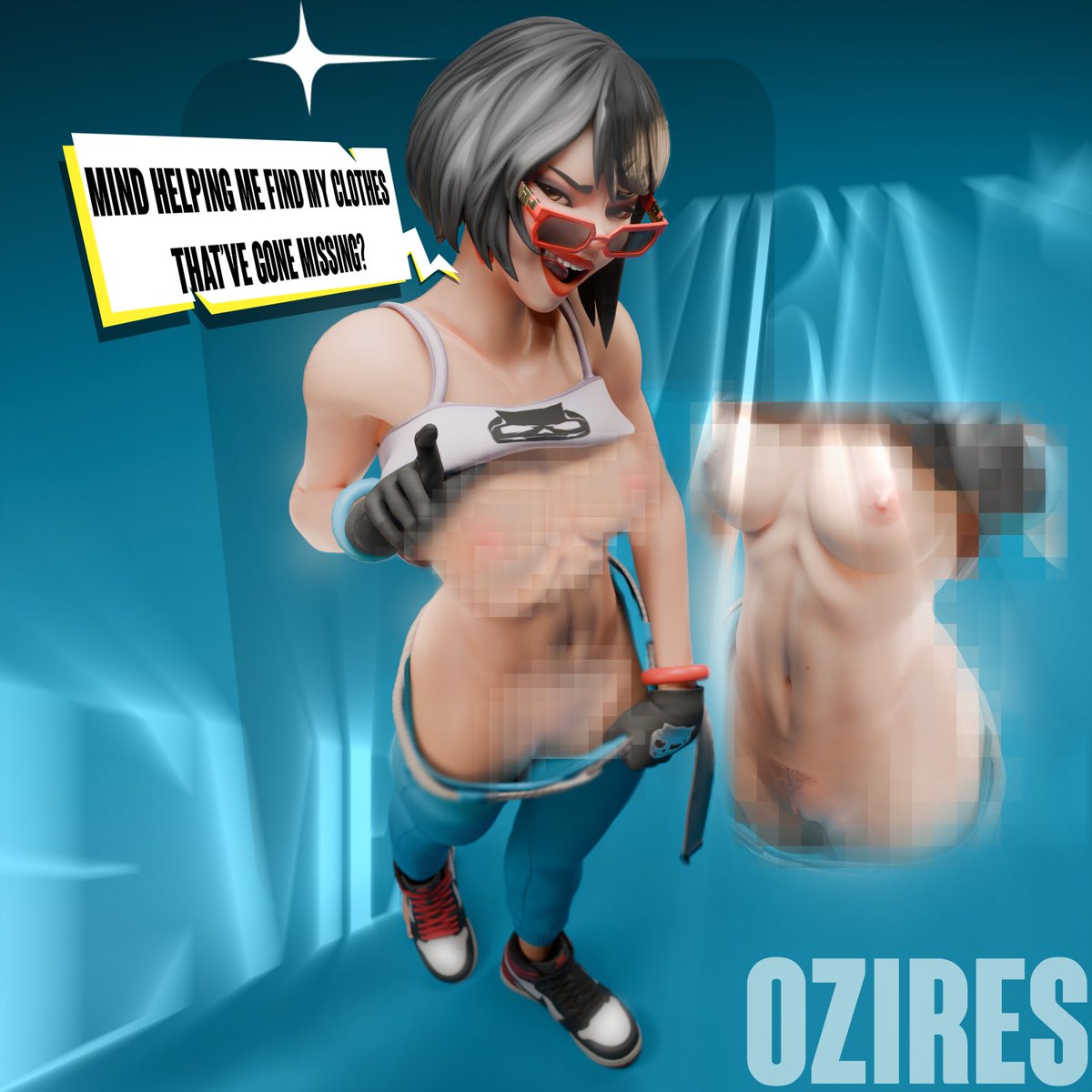 1girls, 2025, 3d, 3d (artwork), areola, areolae, black hair, blender, breasts, censored, censored genitalia, censored pussy, epic games, evie (fortnite), female, female focus, female only, fortnite, fortnite: battle royale, hi res, high quality, high resolution, highres, leggings, leggings down, looking at viewer, looking over eyewear, looking over sunglasses, medium breasts, nike, nipples, oziresnsfw, pants, pinup, pinup pose, pose, posing, presenting, presenting breasts, presenting pussy, pubic hair, smile, smiling, smirk, smirking, sunglasses, tank top, tank top lift, tease, teasing, text, tinted eyewear, trimmed pubic hair, watermark