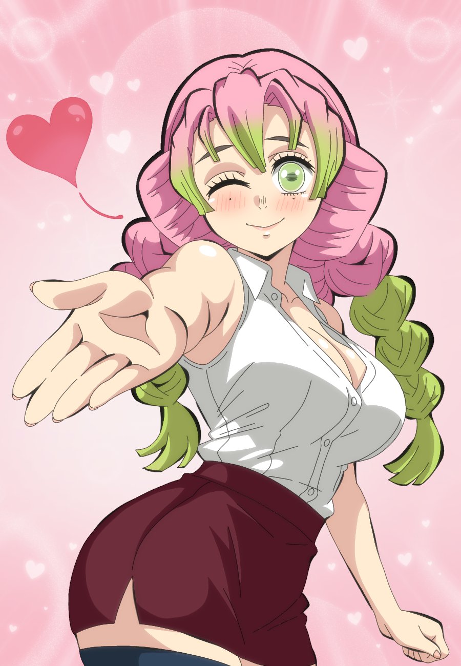 1girls, 5 fingers, accurate art style, art style imitation, big breasts, blouse, blowing kiss, blush, blush lines, braided hair, braided twintails, breasts, button down shirt, buttons, cleavage, collarbone, colored tips, cute, cute face, demon slayer, female, female only, freckles, glistening, glistening breasts, green eyes, green hair, heart, kanroji mitsuri, kimetsu no yaiba, large breasts, light skin, light-skinned female, lips, long hair, maroon clothing, maroon skirt, mole, mole under each eye, mole under eye, multicolored background, multicolored hair, office lady, pink background, pink hair, pink-haired female, reaching towards viewer, red skirt, side slit, skirt, smile, solo, spoken heart, thick ass, thighhighs, thighs, thin waist, trenganfinn29, twintails, two-tone hair, wide hips, wink, winking, winking at viewer, zettai ryouiki