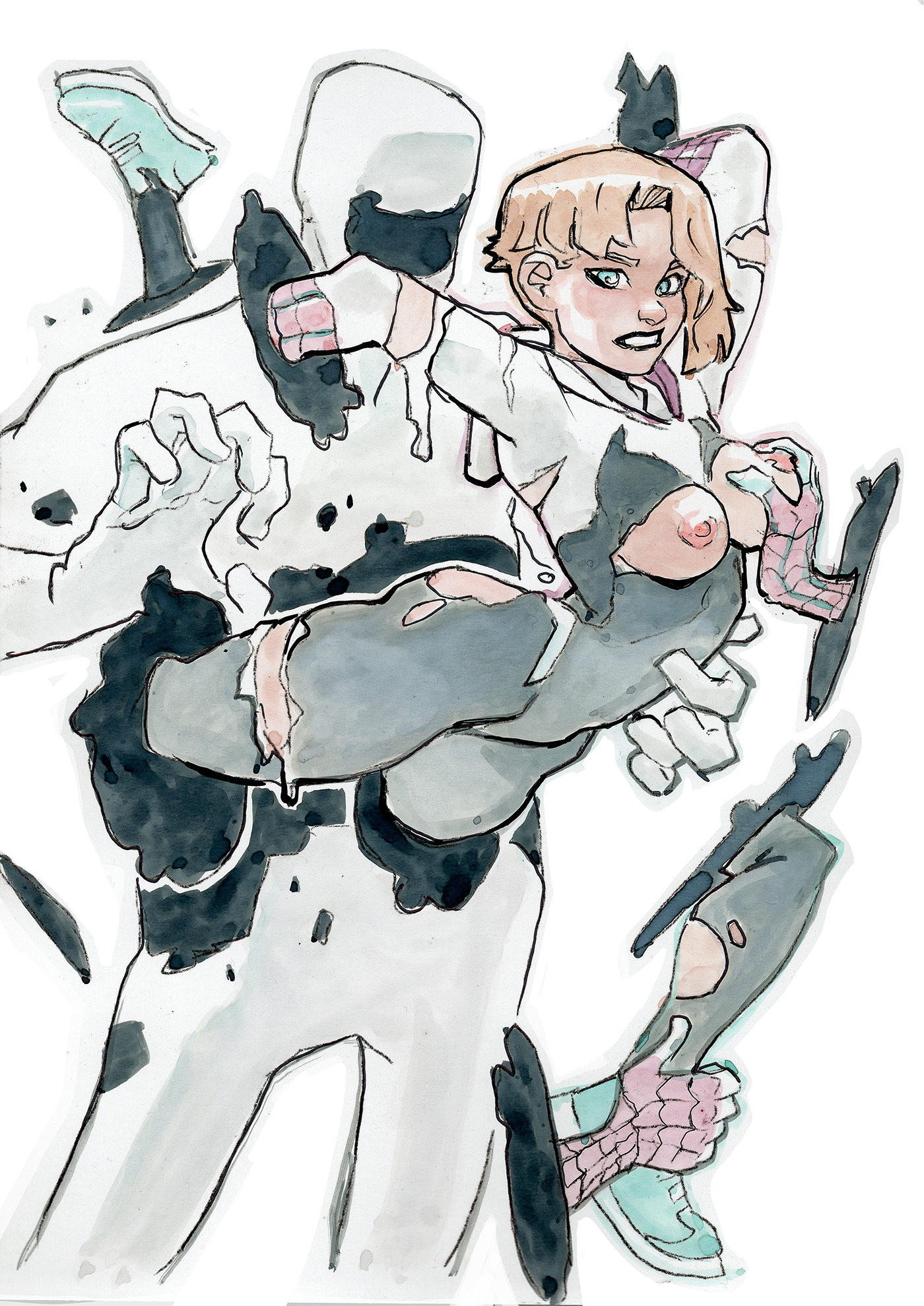 1boy, 1girls, arched back, blonde hair, costume, exposed breasts, from behind, gritted teeth, groping, groping breasts, gwen stacy, gwen stacy (spider-verse), hand on breast, hand on stomach, jjfrenchie, joel jurion, light skin, light-skinned female, marvel, portal, portal masturbation, portal sex, restrained, ripped clothing, short hair, small breasts, spider-gwen, spider-man (series), spider-man: across the spider-verse, spider-man: into the spider-verse, stand and carry position, standing, superheroine, the spot