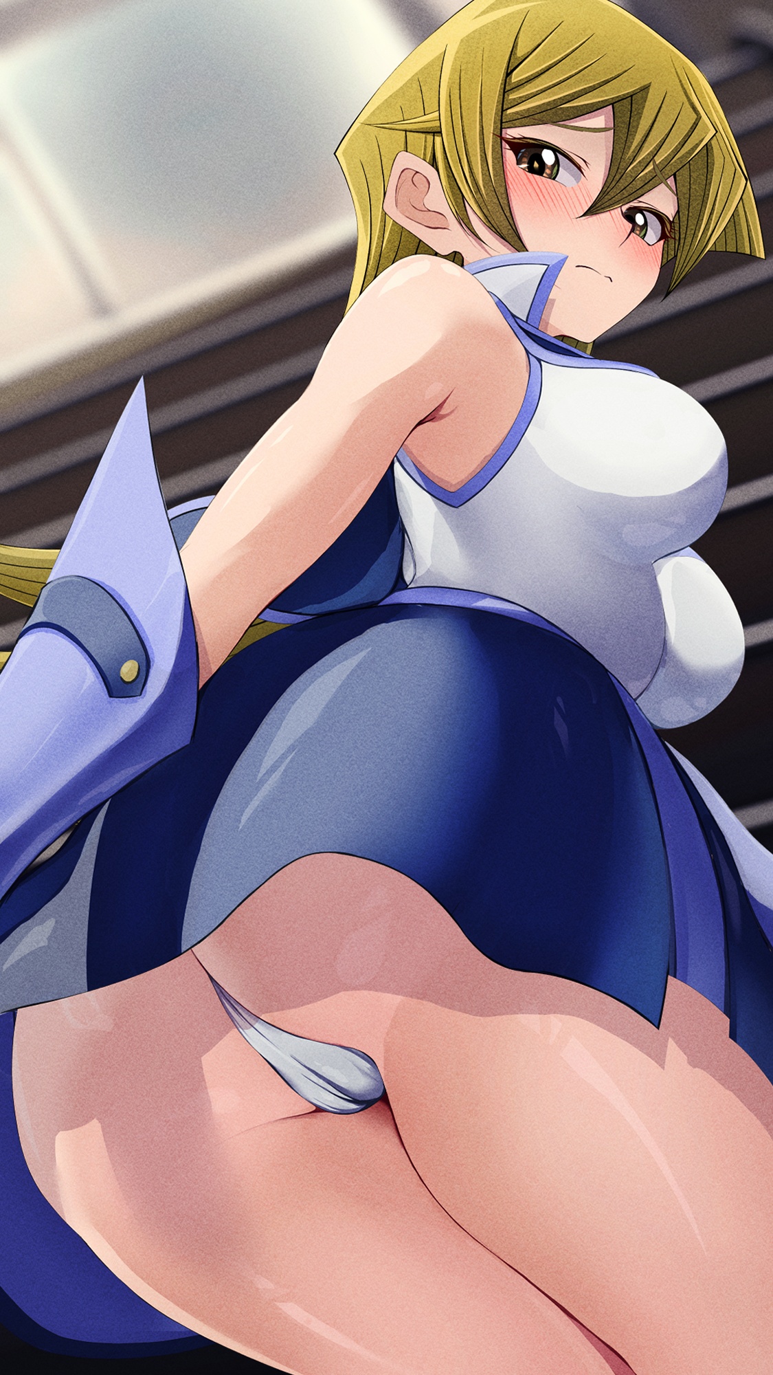 1girls, alexis rhodes, ass, blonde hair, blush, breasts, brown eyes, female, female only, fringe, gloves, hi res, indoors, legs, light skin, looking at viewer, looking back, looking down, low-angle view, obelisk blue uniform, panties, rear view, skirt, skirt lift, solo, teenager, tenjouin asuka, teru cats, underwear, uniform, white panties, yu-gi-oh!, yu-gi-oh! gx