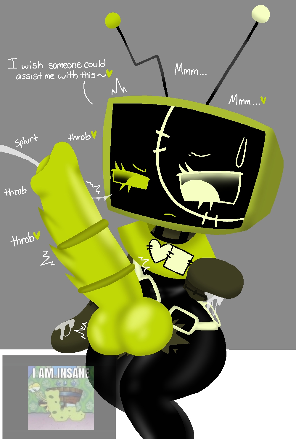 :(, 1dickgirl, 1futa, 2025, accessory, alternate costume, antennae, antennae (anatomy), background, big knot, canine genitalia, canine penis, chains, collar, dandy's world, dandys world, dickgirl, different eye color, digital drawing (artwork), digital media (artwork), english, english text, equine genitalia, equine penis, erect penis, erection, eyelashes, futa, futa only, futa sans balls, futanari, green eyes, green penis, grey background, heart, horse penis, horsecock, horsecock futa, huge cock, intersex, knot, knotted penis, long penis, looking at penis, looking down, meme in the background, monster cock, no balls, onomatopoeia, overalls, penis, pinap juice, precum, ripped clothing, ripped pants, roblox, roblox game, robot, robot anthro, robot futa, robot humanoid, robot penis, robotic, sad, screen face, self upload, simple background, sitting, sitting down, spiked penis, spikes, spongebob squarepants, spongebob squarepants (character), spunch bob, stitches, talking, talking to self, text, thighs, throbbing, throbbing penis, tv, tv head, tv screen, unsure, unusual genitalia, unusual penis, vee (dandy's world), weird penis, white eyes, worried, worried expression, worried face, worried look, zapped creation vee