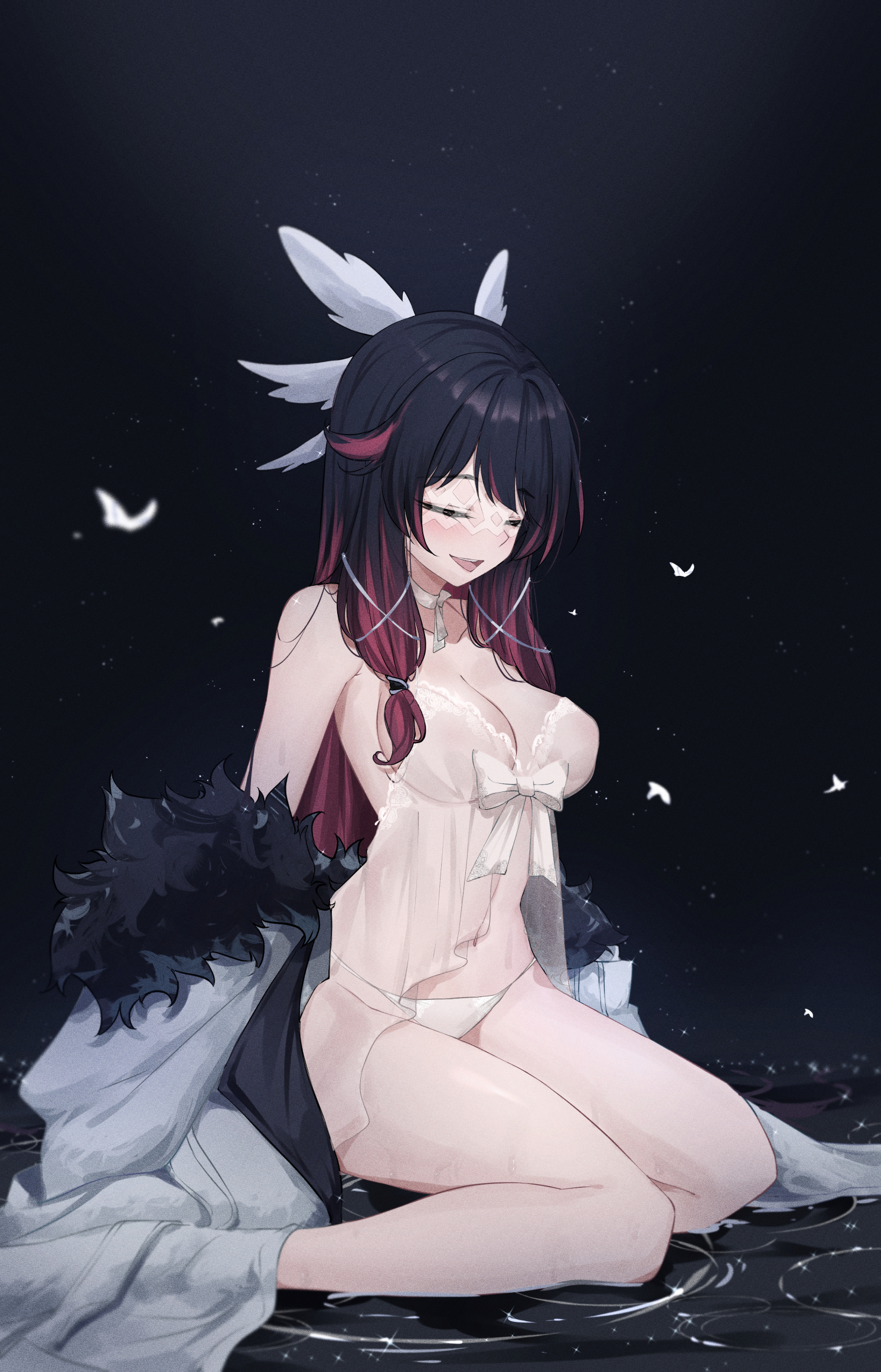 belly, belly button, big breasts, breasts, calves, closed eyes, coat, coat removed, colored hair, columbina (genshin impact), eyes closed, fatui, feintheart721, female, genshin impact, knees, large breasts, lingerie, navel, on floor, panties, petite, petite body, shoulders, thick, thick thighs, thighs, tummy, underwear, wet