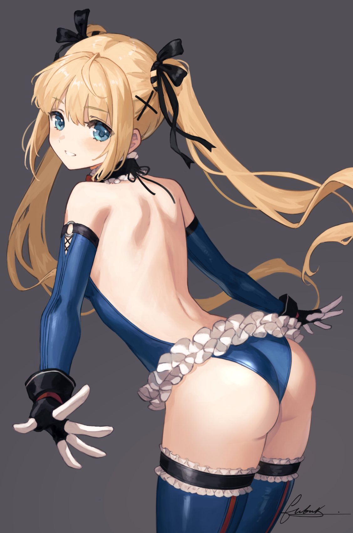 1girls, 2d, 2d (artwork), artist request, ass, ass focus, bare back, blonde female, blonde hair, blue eyes, blue swimsuit, dead or alive, female, female only, marie rose, marie rose (devilish servant against the splashing waves), solo, swimsuit, twintails