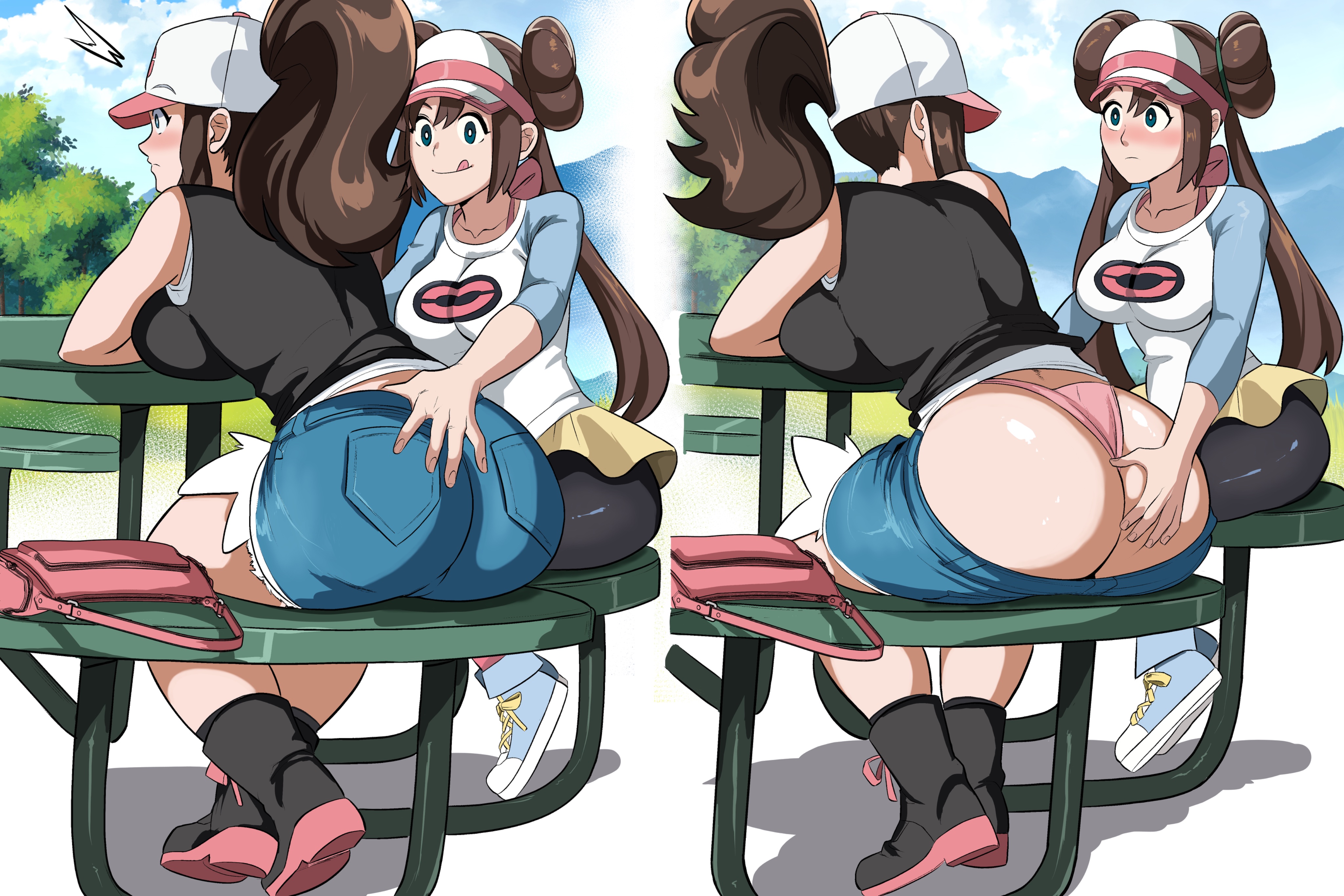 2girls, ass, ass grab, blush, booty shorts, brown hair, female, female only, female/female, fliprokz, hilda (pokemon), nintendo, pants down, pokemon, pokemon bw, pokemon bw2, ponytail, rosa (pokemon), yuri