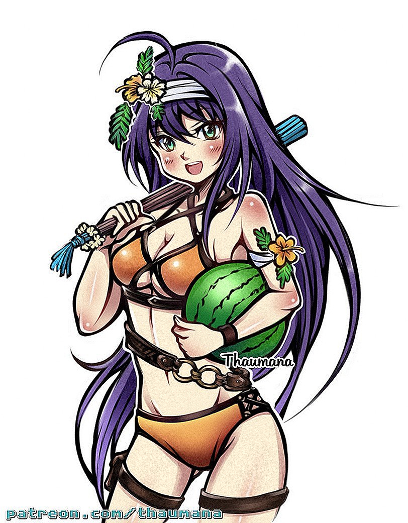 1girls alternate_costume ass_visible_through_thighs bikini breasts cleavage female female_only fire_emblem fire_emblem:_path_of_radiance fire_emblem:_radiant_dawn fire_emblem_heroes flower_head_band green_eyes long_hair looking_at_viewer medium_breasts mia_(fire_emblem) mia_(summer)_(fire_emblem) nintendo octoppoi official_alternate_costume orange_bikini orange_swimsuit purple_hair smile swimsuit thaumana very_long_hair watermelon