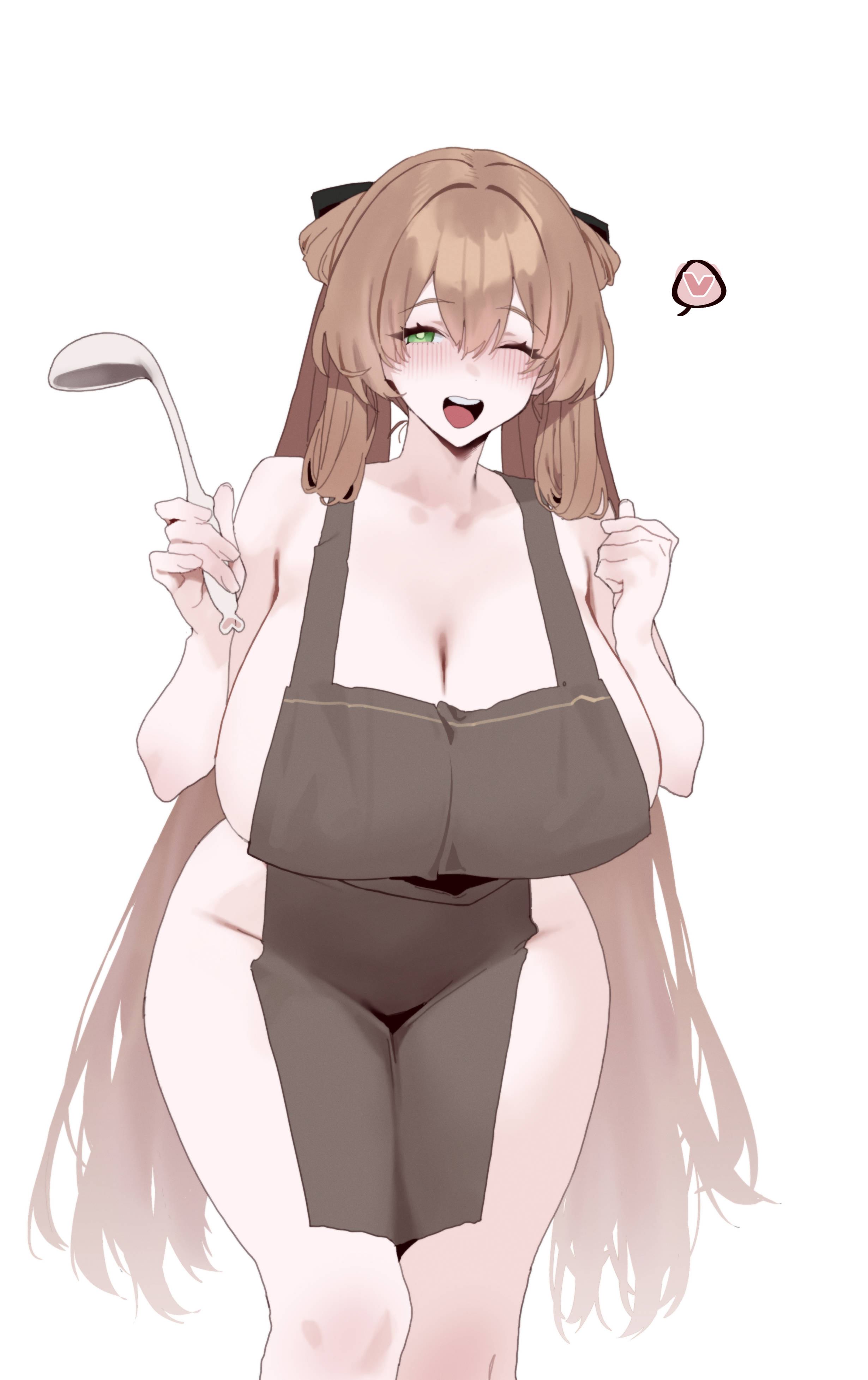 1girls, apron, apron only, big breasts, blush, breasts, brown hair, cleavage, feet out of frame, female, female only, girls' frontline, girls' frontline 2: exilium, green eyes, hair ribbon, holding object, ladle, large breasts, long hair, looking at viewer, mimyo, naked apron, one eye closed, open mouth, paid reward available, spoken heart, springfield (cafe) (girls' frontline), springfield (girls' frontline 2), springfield (girls' frontline), thick thighs