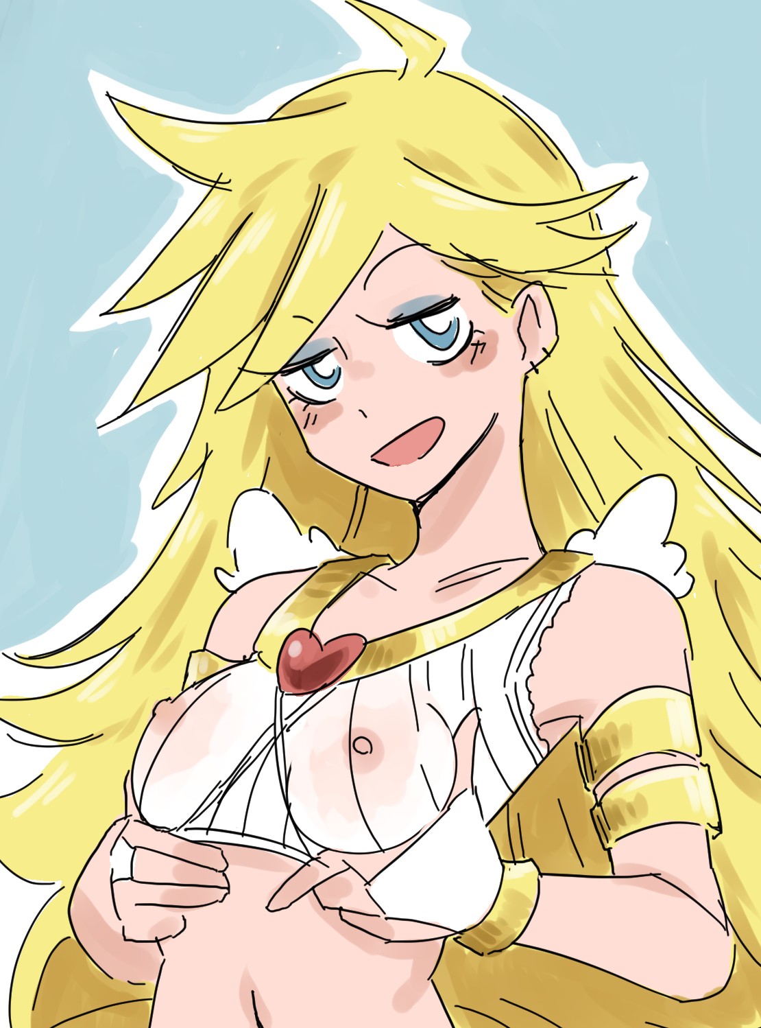 1girls, 2d, 2d (artwork), arm bracelets, blank background, blonde female, blonde hair, blonde hair female, blonde-haired female, breasts, gummitonic, holding own breasts, looking at viewer, nipples, nipples visible through clothing, open mouth, panty & stocking with garterbelt, panty anarchy, pinup, solo, solo female