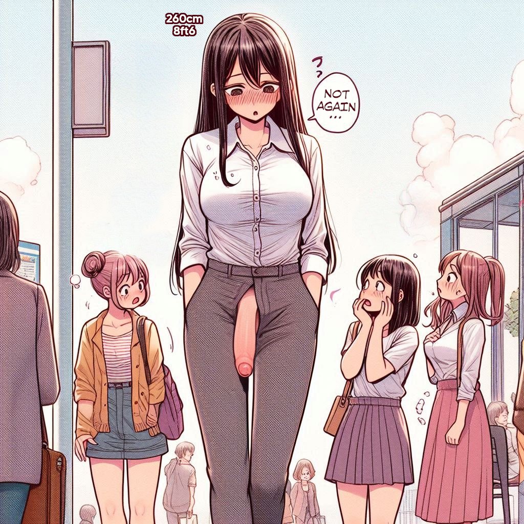 ai generated, blush, clothed, clothing, foreskin, futa is bigger, futa on female, futanari, giantess, height, height difference, huge cock, large penis, penis, public exposure, public nudity, size difference, smaller female, spalela, text, wardrobe malfunction
