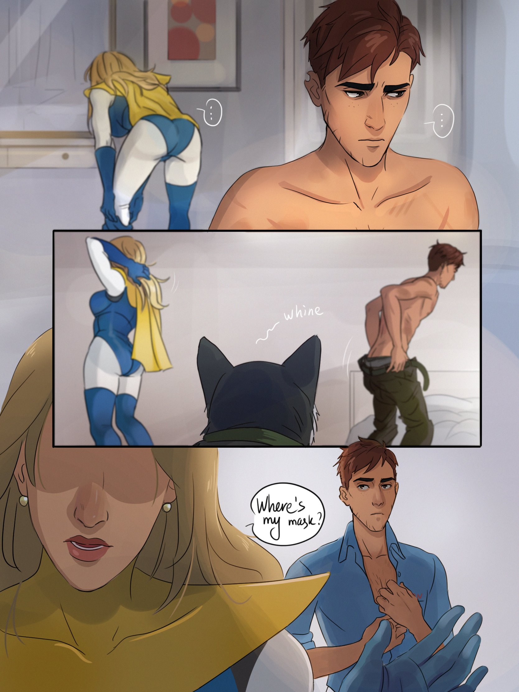 3koma, after sex, bed, beef (dispatch), blonde, blonde blazer, blonde female, blonde hair, blonde hair female, blonde-haired female, blue shirt, brown hair, comic page, curvaceous, curvaceous body, curves, curvy, curvy body, curvy female, curvy figure, darina (artist), dialogue, dispatch (game), dressing, earrings, getting dressed, heroine, hourglass figure, in bed, jewel, morning after, naked male, necklace, pulling up pants, putting on clothes, putting on pants, putting on shirt, robert robertson, scars, speech bubble, superhero, superhero costume, superheroine, voluptuous, voluptuous female, wholesome
