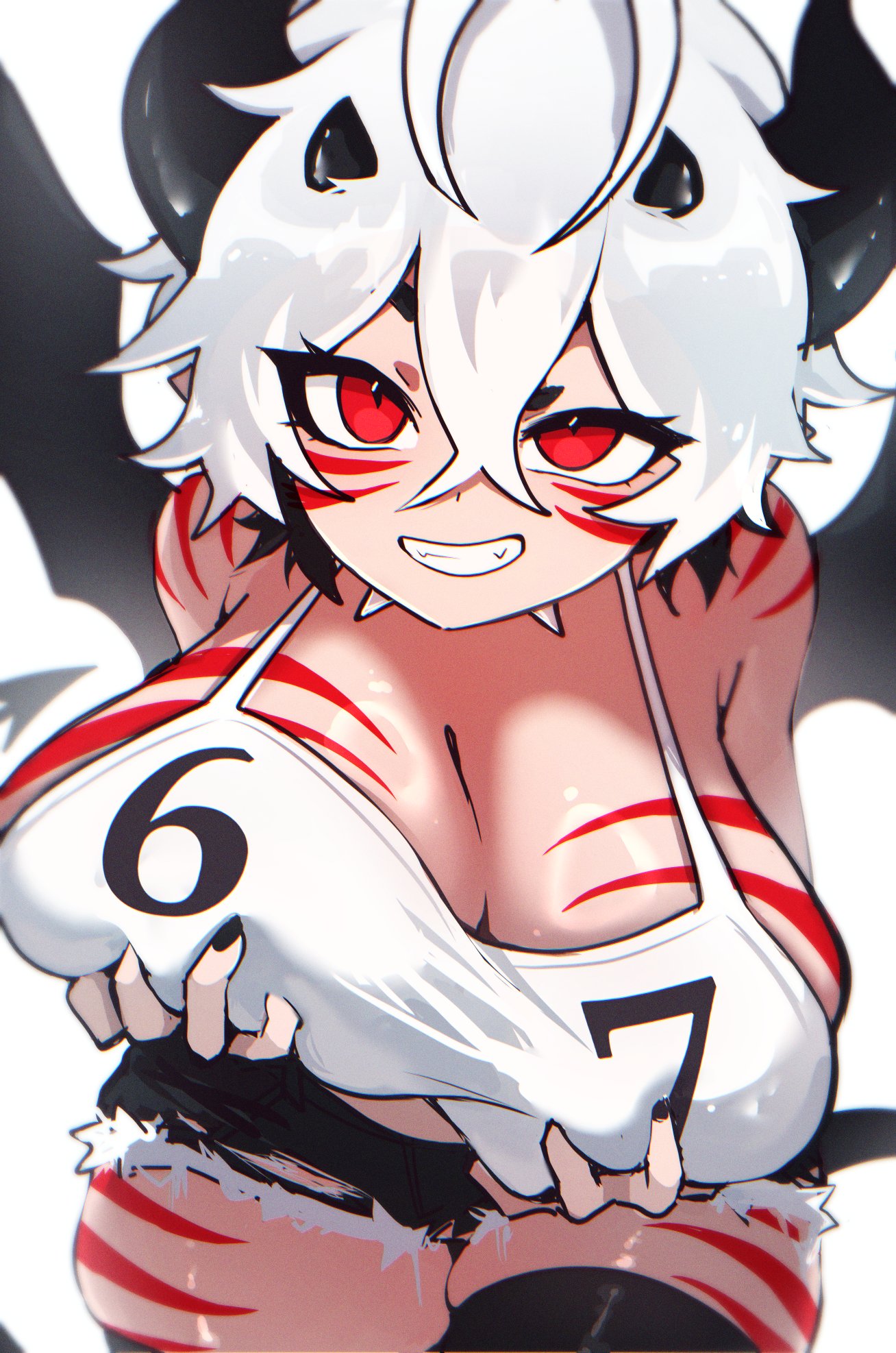 absolute territory, bare shoulders, big breasts, black hair, black nail polish, black nails, blaire rune, blairevt, body markings, brainrot, breast grab, breast lift, breasts, breasts bigger than head, cleavage, clothed, clothing, demon horns, demon tail, demon wings, female, grabbing own breast, grabbing own breasts, grin, heavy breasts, horns, huge breasts, indie virtual youtuber, jean shorts, large breasts, looking at viewer, meme, messy hair, nonbinary, pointy ears, red eyes, red stripes, sagging breasts, short hair, shorts, skin fang, skindentation, smile, smug, spiked collar, striped body, tail, tank top, text on clothing, thick thighs, thigh squish, virtual youtuber, vtuber, white hair, white shirt, wings, zettai ryouiki