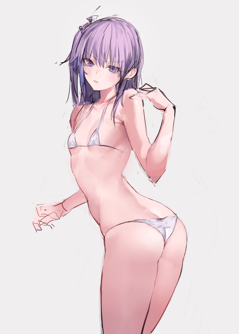 1girls, ass, big caliber, bikini, bikini bottom, bikini top, blue eyes, breasts, feet out of frame, female, female only, flat chest, girls' frontline, hair ornament, long hair, looking at viewer, looking back, pink hair, side ponytail, side view, sideboob, small breasts, st ar-15 (girls' frontline), standing
