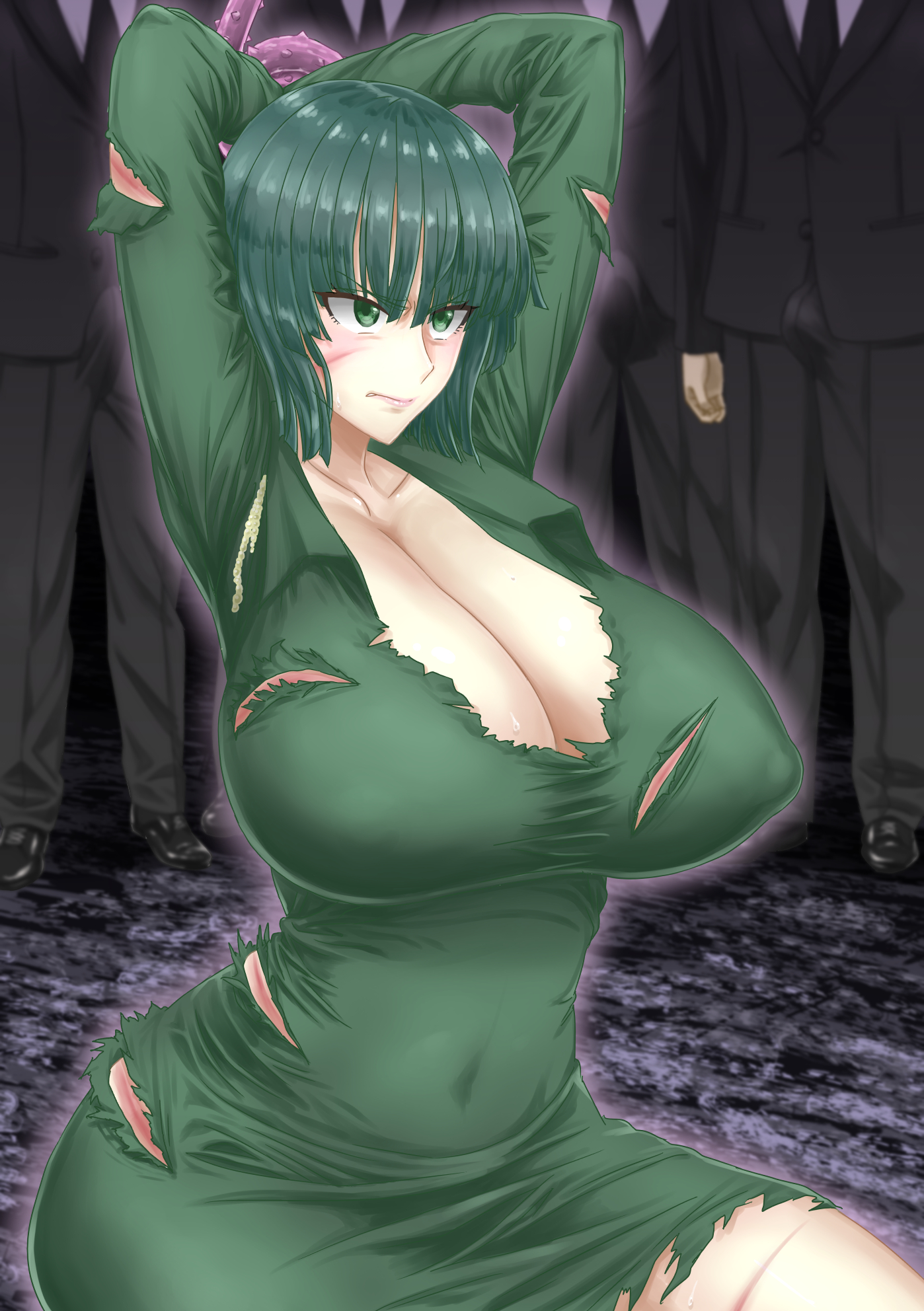 1girls, angry, angry face, areola bulge, arms tied, arms up, bangs, belly, belly button, big breasts, blush, bob cut, breasts, busty, cleavage, clothed, clothing, collarbone, covered navel, covered nipples, curvaceous, curvy, curvy body, curvy female, curvy figure, dark green hair, dress, eyelashes, female, female focus, fringe, front view, fubuki (one-punch man), green eyes, green hair, heroine, highres, hips, hourglass figure, huge breasts, kudo atsu, large breasts, legs, light skin, light-skinned female, lips, lipstick, looking at another, male, medium hair, midriff, miniskirt, multiple boys, multiple males, navel, nipple bulge, one-punch man, presenting, presenting breasts, ripped clothing, ripped skirt, short hair, short skirt, slim, slim waist, stomach, sweat, sweating, thick, thick legs, thick thighs, thighs, thin waist, tied arms, tied hands, tight clothing, tight dress, voluptuous, waist, whip, whip marks, wide hips