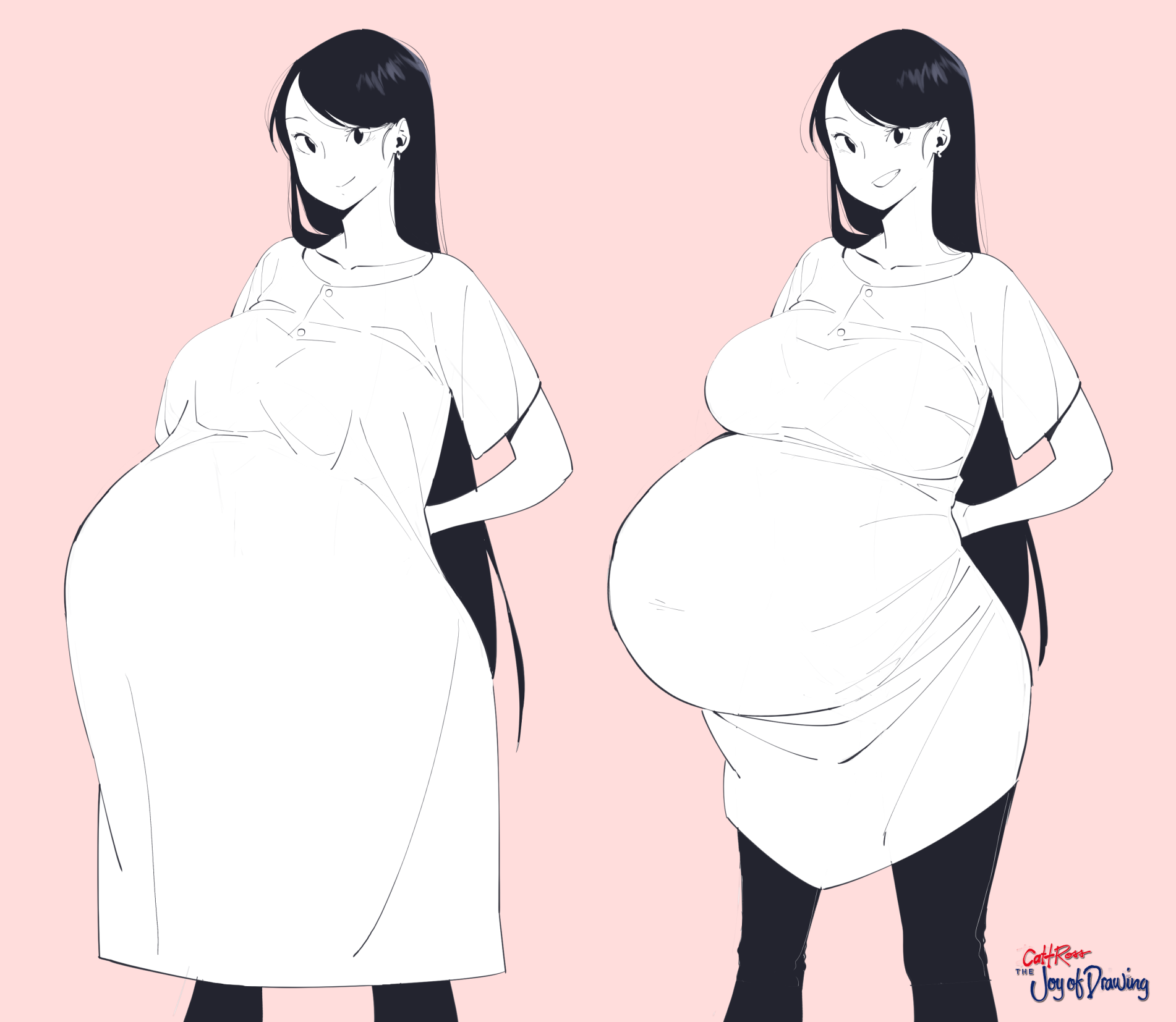 big breasts, dress, female, female only, fully clothed, kyattorosu, long hair, looking at viewer, maternity clothes, maternity dress, monochrome, original, pregnant, ready to pop, smile, solo