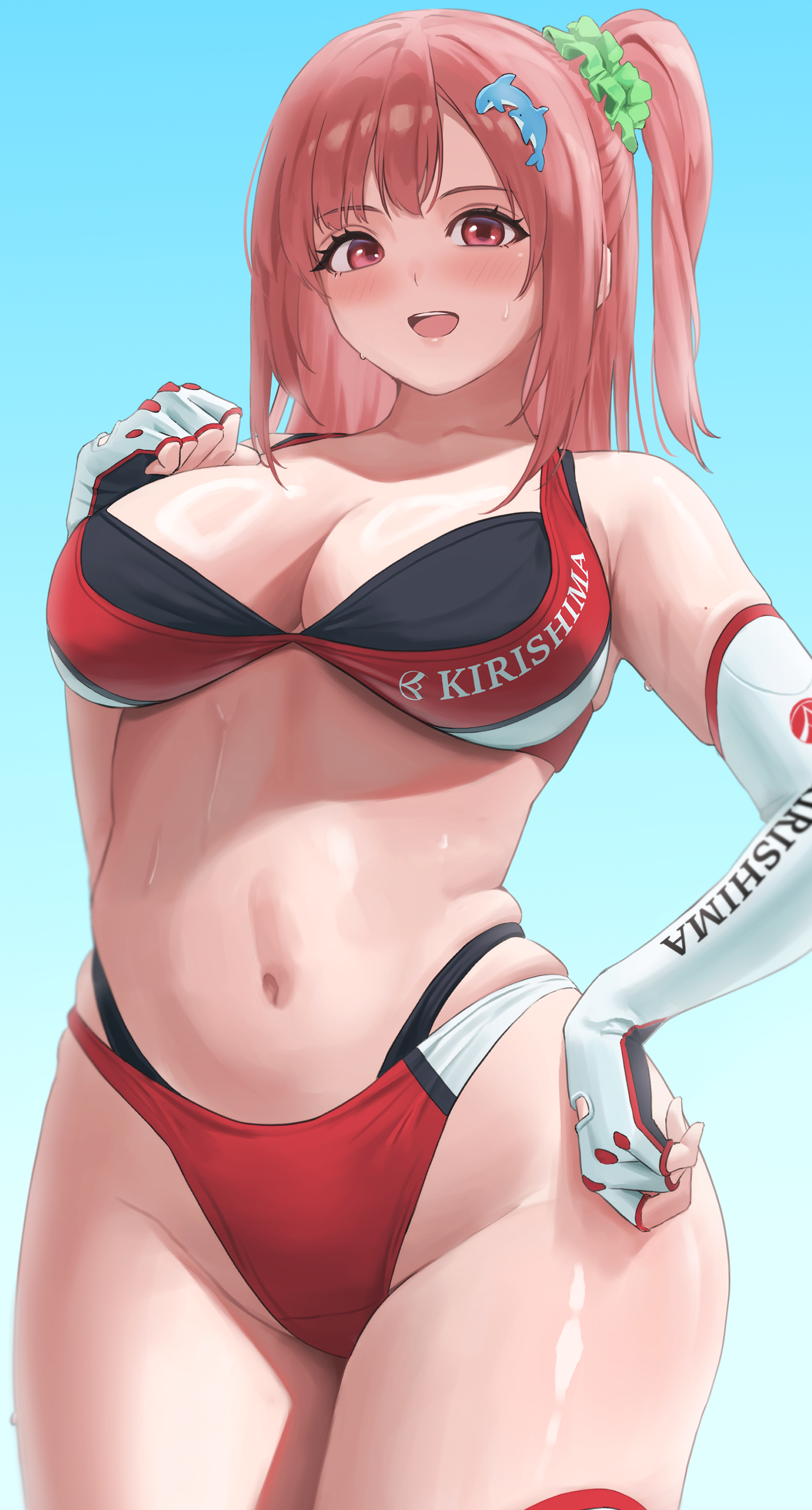 absurdres, bare shoulders, bikini, breasts, cleavage, collarbone, commentary request, cosplay, dead or alive, dead or alive 5, dead or alive xtreme, dolphin hair ornament, dolphin wave, elbow gloves, female, fingerless gloves, gloves, gradient background, hair ornament, hair scrunchie, hand on own chest, hand on own hip, hand up, highleg, highleg bikini, highres, hoki1314, honoka (doa), kirishima uniform, lips, long hair, medium breasts, navel, open mouth, pink hair, ponytail, red eyes, sakimiya iruka (cosplay), scrunchie, shiny skin, side ponytail, simple background, smile, solo, stomach, swimsuit, teeth, upper teeth only