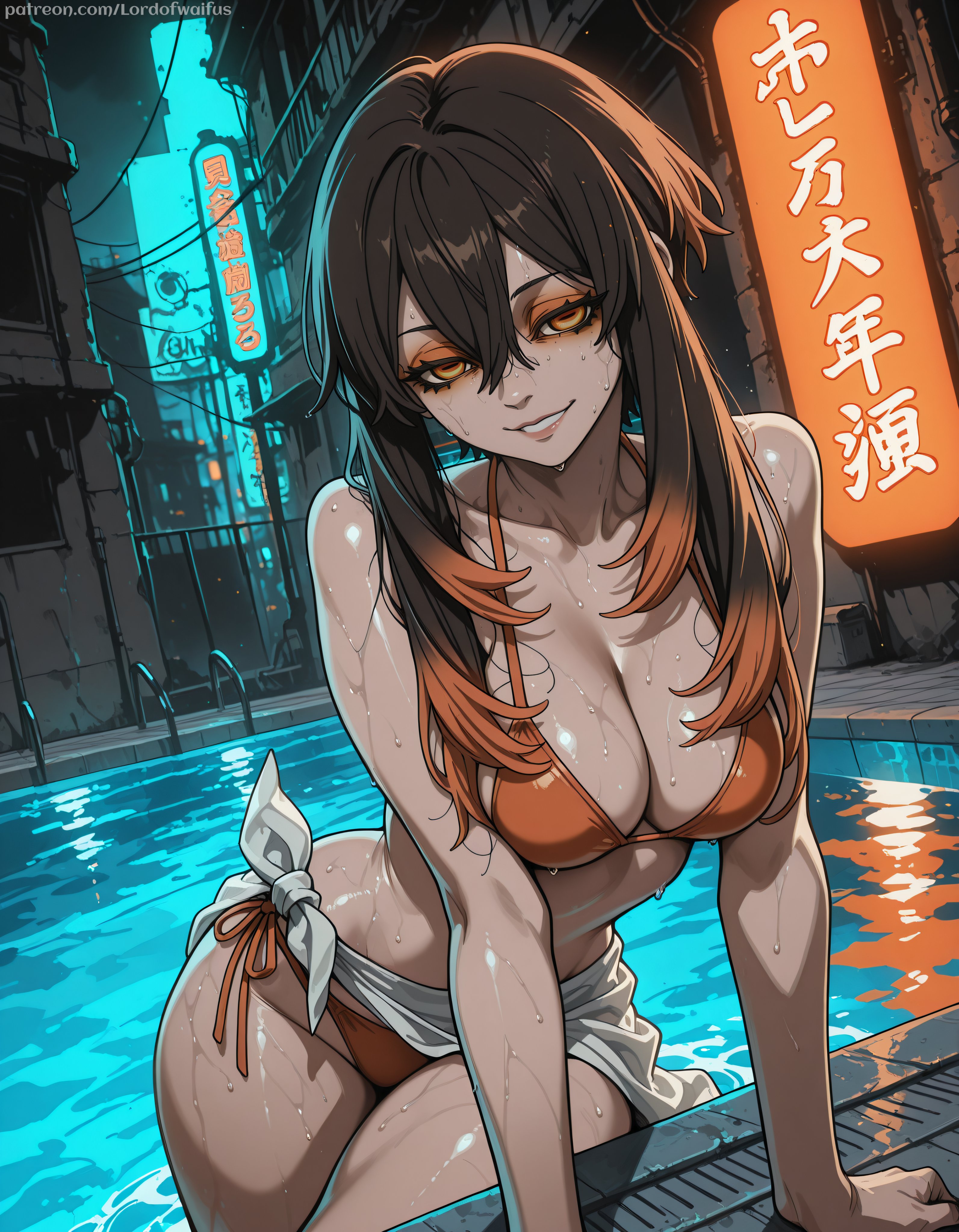 1girls, ai generated, amo empool, big ass, big breasts, bikini, city, gachiakuta, looking at viewer, lordofwaifus, pool, solo, solo female