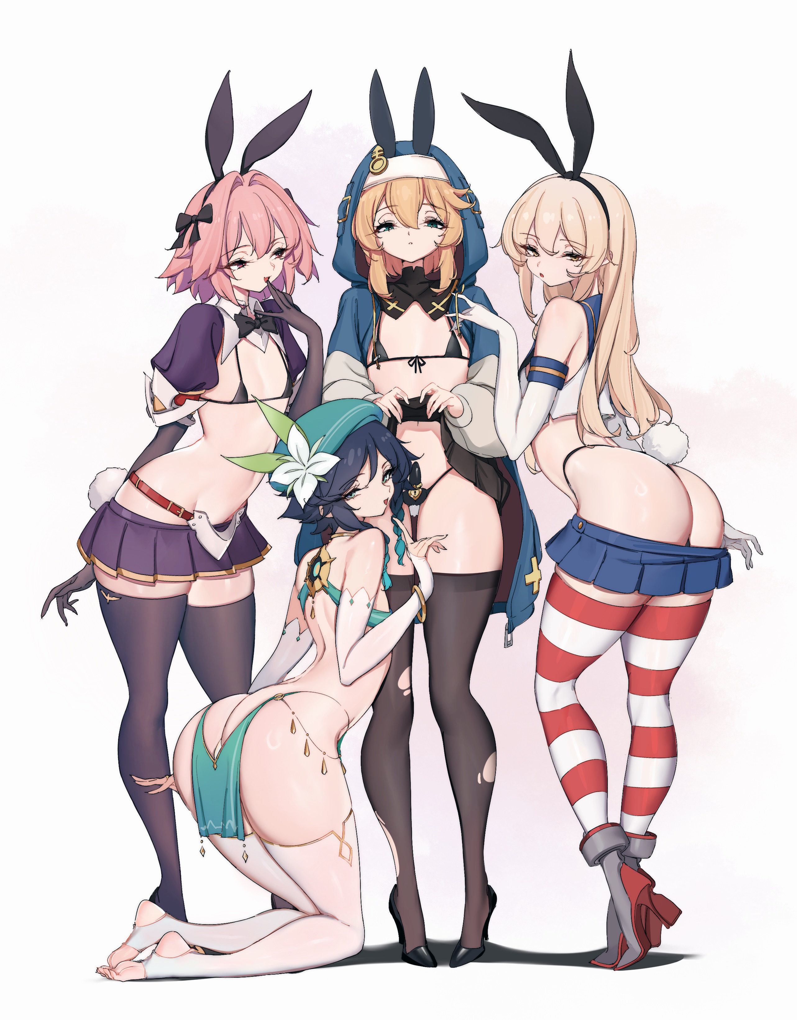 4boys, armwear, ass, astolfo (fate), belt, big ass, bikini top, black bikini top, black hair, black skirt, black thighhighs, black thong, blonde hair, blue eyes, blue highlights, blue skirt, bottomwear, bracelet, bridget, bridget (guilty gear), bunny ears, bunny tail, chastity cage, clothes lift, collar, crossdressing, crossover, detached sleeves, fake animal ears, fake tail, fate (series), feet, femboy, femboy focus, feminine, feminine male, feminine pose, fingerless gloves, flower, footwear, full body, genshin impact, girly, gloves, green eyes, guilty gear, guilty gear strive, hair, hair ornament, hair ribbon, hat, headwear, heels, high heels, hood, jewelry, kantai collection, lamsass, legwear, long hair, male, male only, miniskirt, nails, neckwear, on knees, pelvic curtain, pink eyes, pink hair, platform heels, pose, posing, purple skirt, red thighhighs, revealing clothes, ribbon, ripped thighhighs, sailor collar, sailor uniform, shimakaze (kantai collection), shimakaze-kun, short hair with long locks, short skirt, skimpy, skimpy clothes, skirt, skirt down, skirt lift, smile, striped thighhighs, tail, thighhighs, thighs, thong, topwear, venti (genshin impact), white background, white gloves, white thighhighs, yellow eyes
