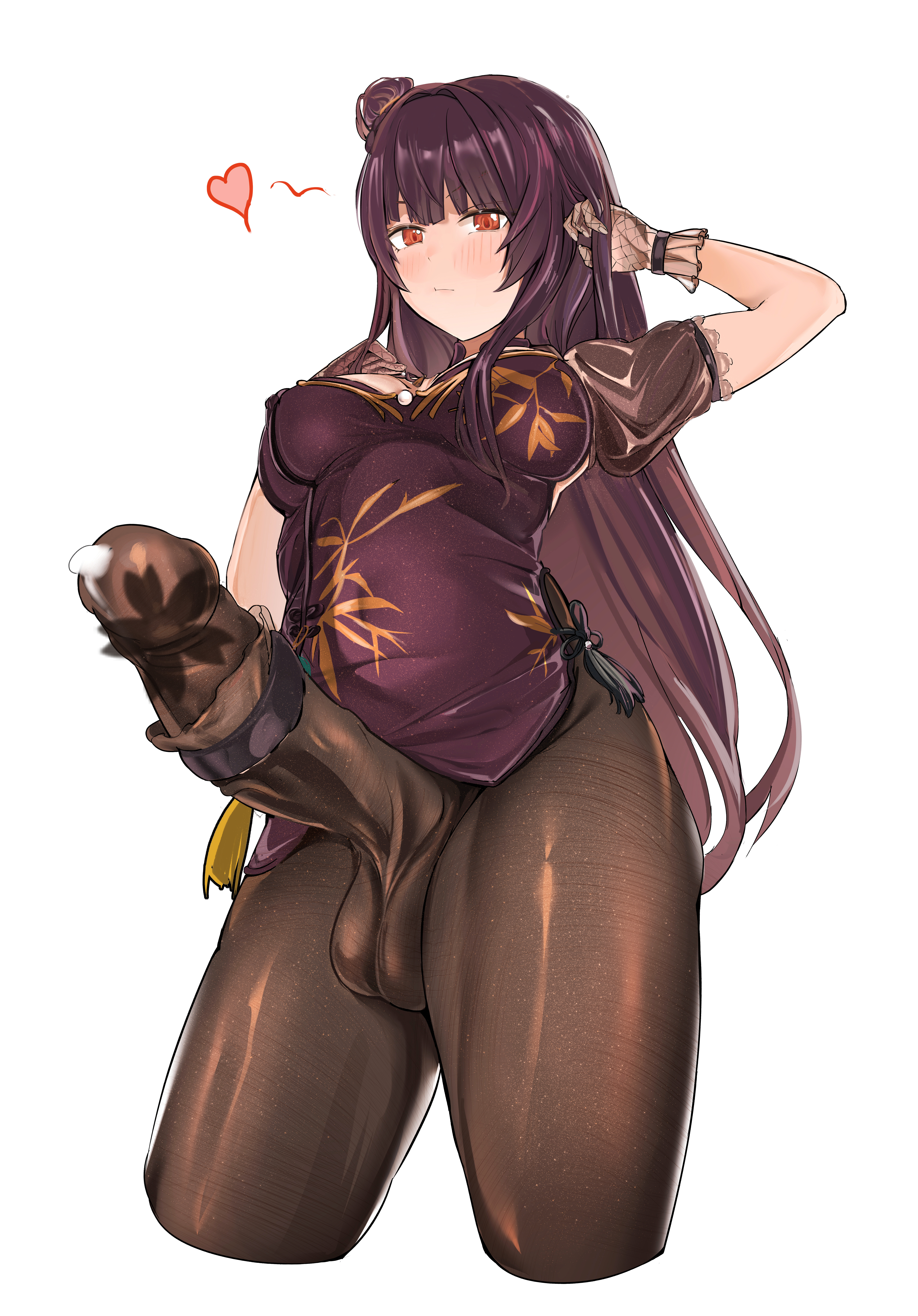 1futa, a-ah, arm up, big penis, blush, breasts, closed mouth, dress, feet out of frame, futa only, futanari, girls' frontline, heart, large penis, long hair, looking at viewer, medium breasts, pantyhose, penis, penis under clothes, precum, precum through clothing, purple hair, red eyes, underboob, viewed from below, wa2000 (girls' frontline)