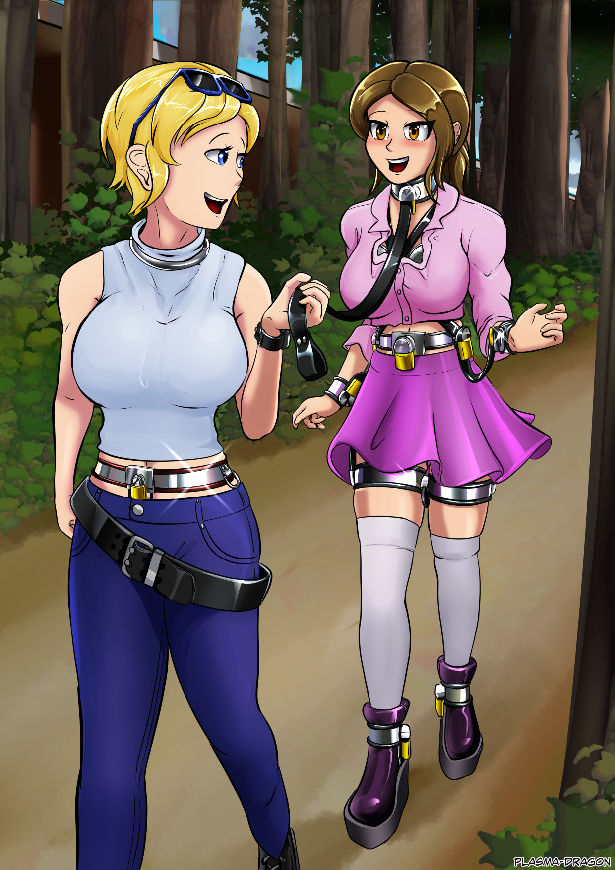 2girls, bdsm gear, bondage, chastity, chastity belt, chastity device, clothed, collar, consensual, consensual bondage, dominant female, excited, female, female chastity, female domination, female only, femdom, femsub, happy sub, hi res, leash, lezdom, loose belt, love, loves it, padlocks, plasma-dragon, public, tagme, walking, yuri