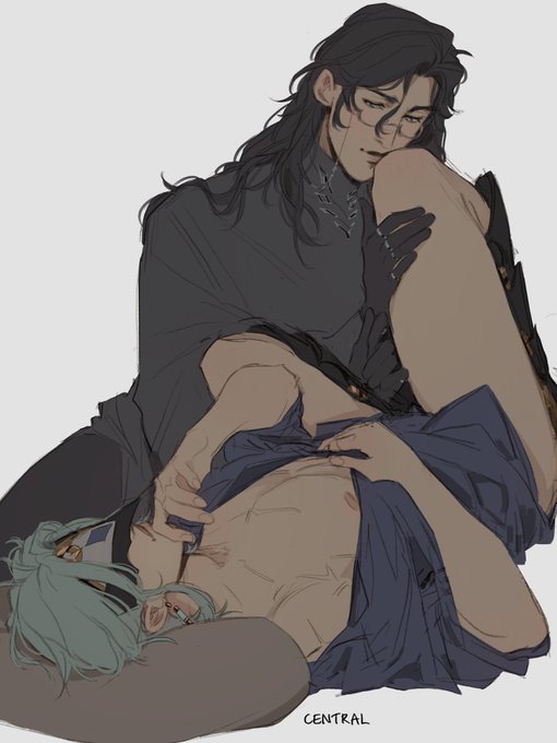 2boys, dottore (genshin impact), gay, genshin impact, glasses, male, male only, open shirt, pantalone (genshin impact), smile, yaoi