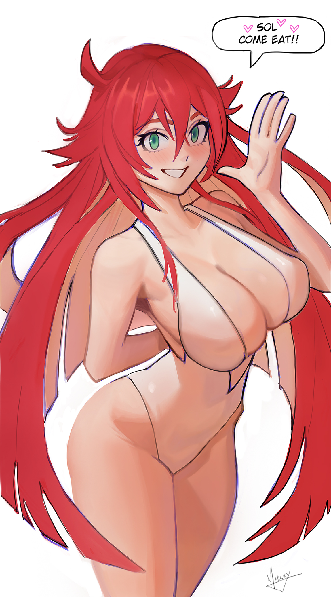 1girls, 2d, 2d (artwork), big breasts, blush, blush lines, bodysuit, breasts, cleavage, copyright request, curvaceous, curvaceous female, curvaceous figure, curves, curvy, curvy body, curvy figure, curvy hips, digital drawing (artwork), digital media (artwork), female, female focus, female only, green eyes, guilty gear, guilty gear strive, jack-o' valentine, light skin, light-skinned female, long hair, mimi milky, one-piece swimsuit, pose, posing, red hair, simple background, smile, smiling, text, thick thighs, watermark