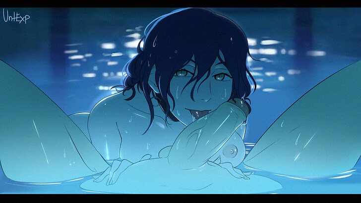 artist name, balls, big ass, big penis, chainsaw man, cock worship, completely nude, denji (chainsaw man), fellatio, fit female, fit male, i'll teach you everything (chainsaw man), in water, licking, licking penis, looking at viewer, male penetrating male, nipples, on back, one breast visible, one nipple out, open legs, pool, pov, reze (chainsaw man), reze in the pool (meme), smiling, teasing penis, thick, tongue, tongue out, tonguejob, untitledexpression