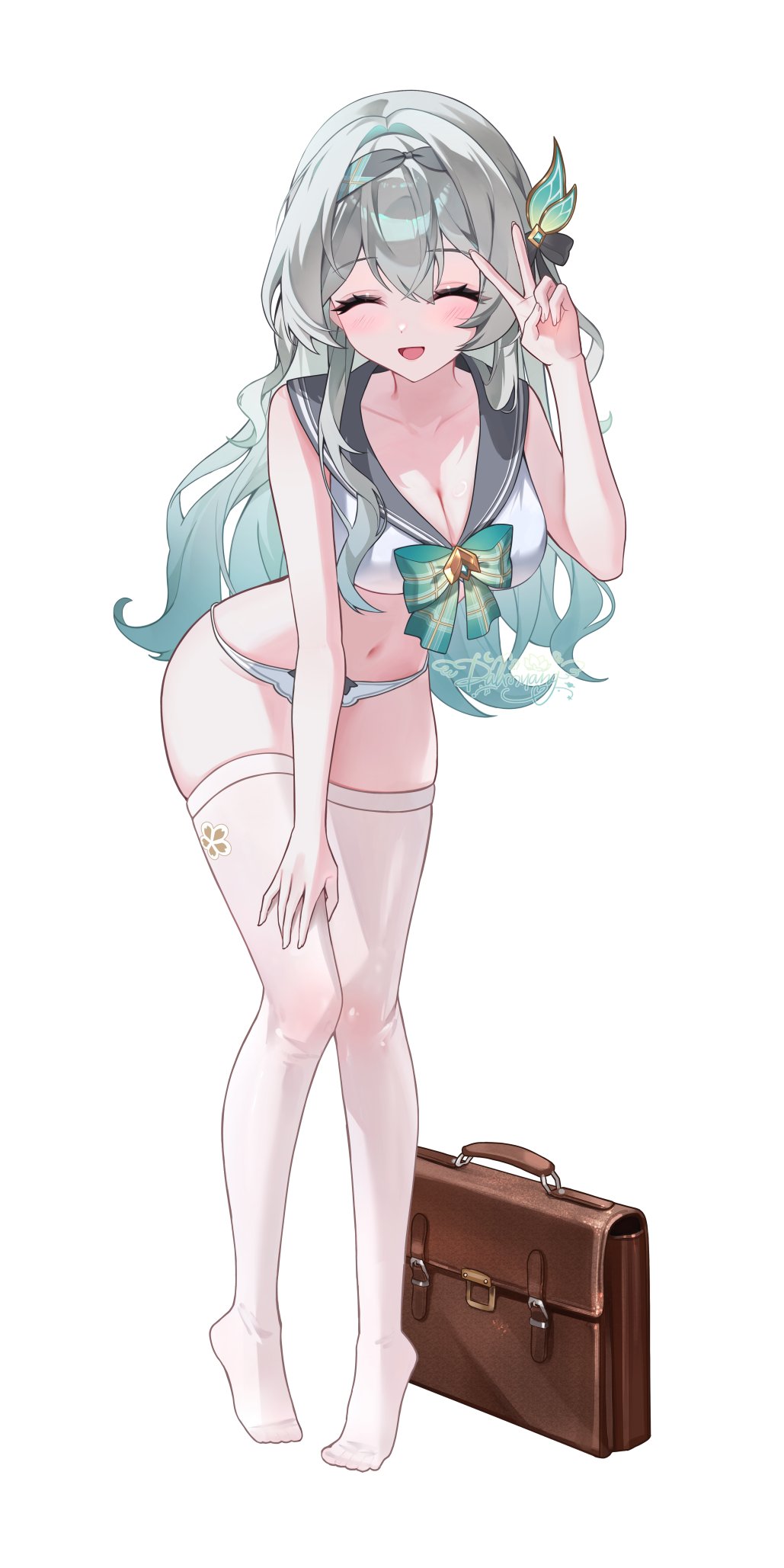 1girls, breasts, closed eyes, firefly (honkai: star rail), firefly (spring missive) (honkai: star rail), honkai: star rail, hoyoverse, lingerie, long hair, mihoyo, multicolored hair, skirtless, thighhighs, white underwear