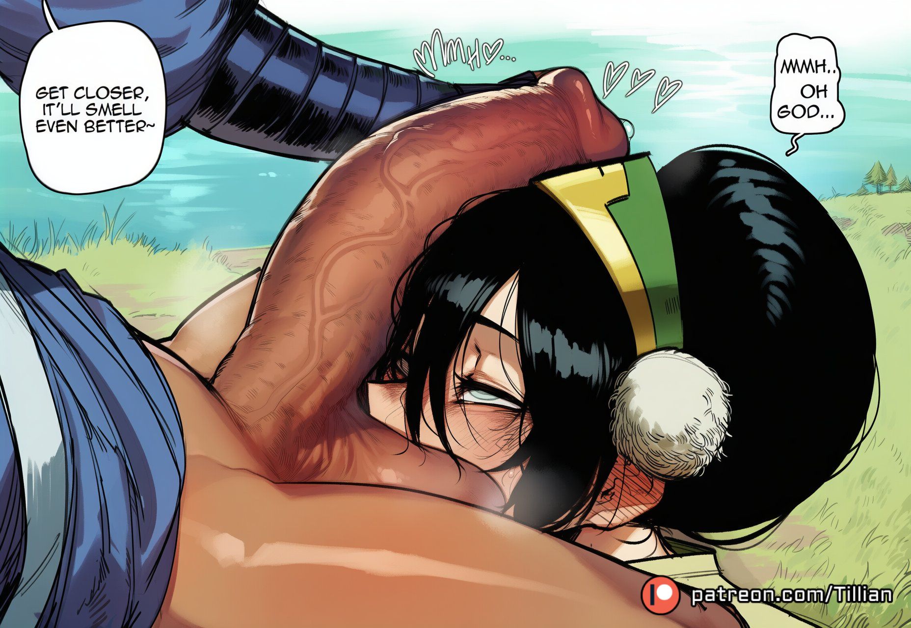 1boy, ai generated, avatar the last airbender, black hair, blind, blush, dark skin, dark-skinned male, english text, erection, fellatio, female, foreskin, futanari, grass, hair between eyes, hair bun, hairband, heart, huge cock, katara, large penis, oral, outdoors, patreon logo, patreon username, penis, penis awe, penis on face, precum, single hair bun, smelling, solo focus, speech bubble, straight, testicle sucking, testicles, text, tillian, toph bei fong, uncensored, veins, veiny penis